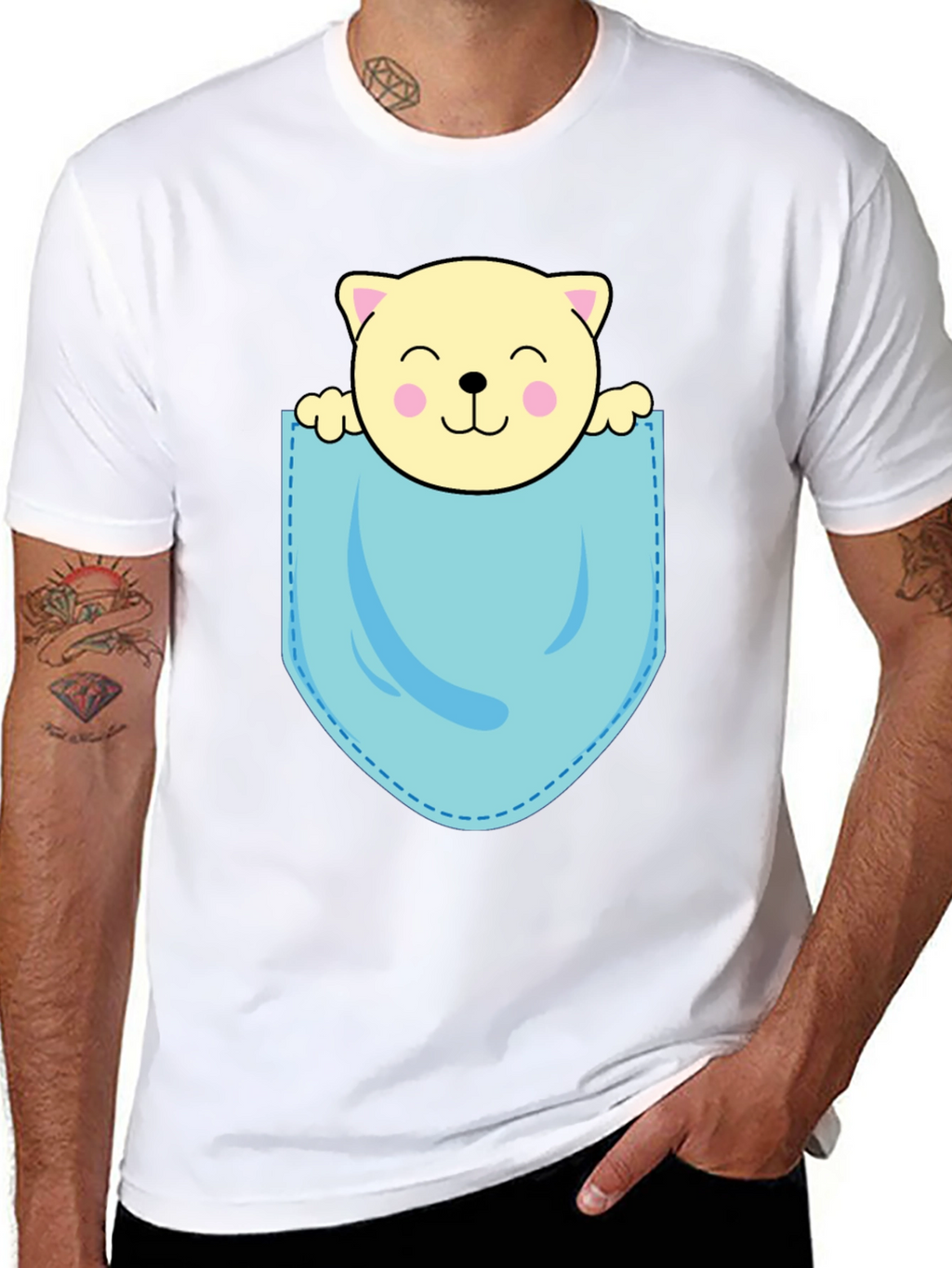 Cute Cat in Pocket Black T-Shirt