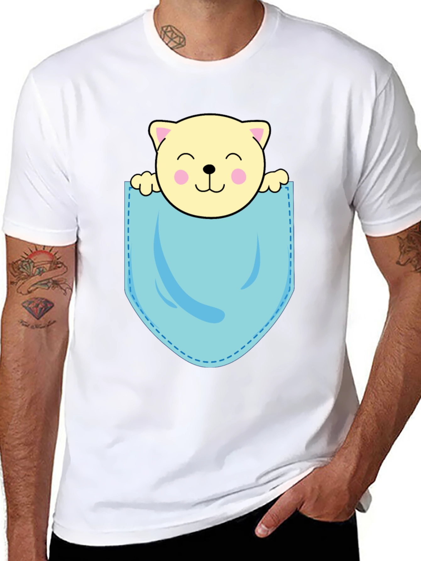 Cute Cat in Pocket Black T-Shirt