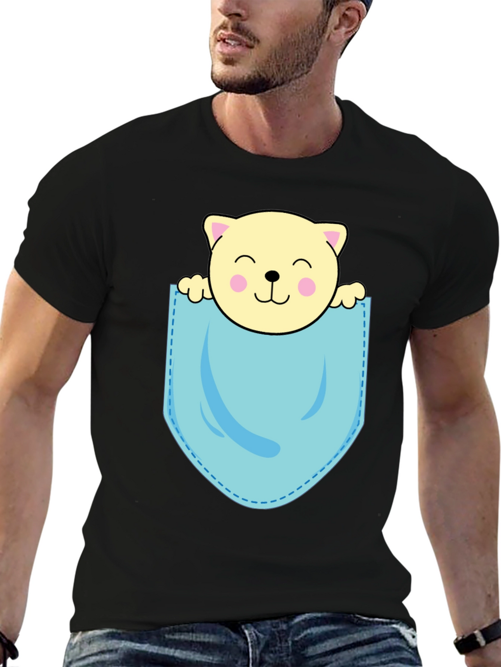 Cute Cat in Pocket Black T-Shirt