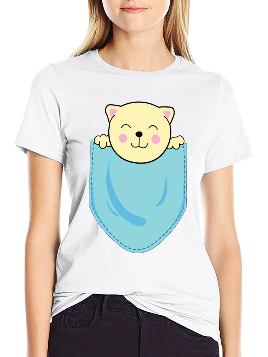 Cute Cat in Pocket Black T-Shirt