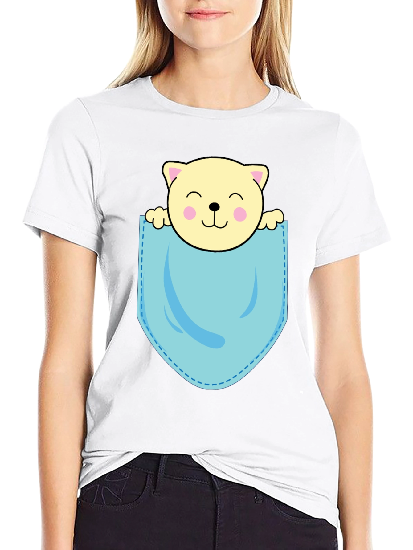 Cute Cat in Pocket Black T-Shirt