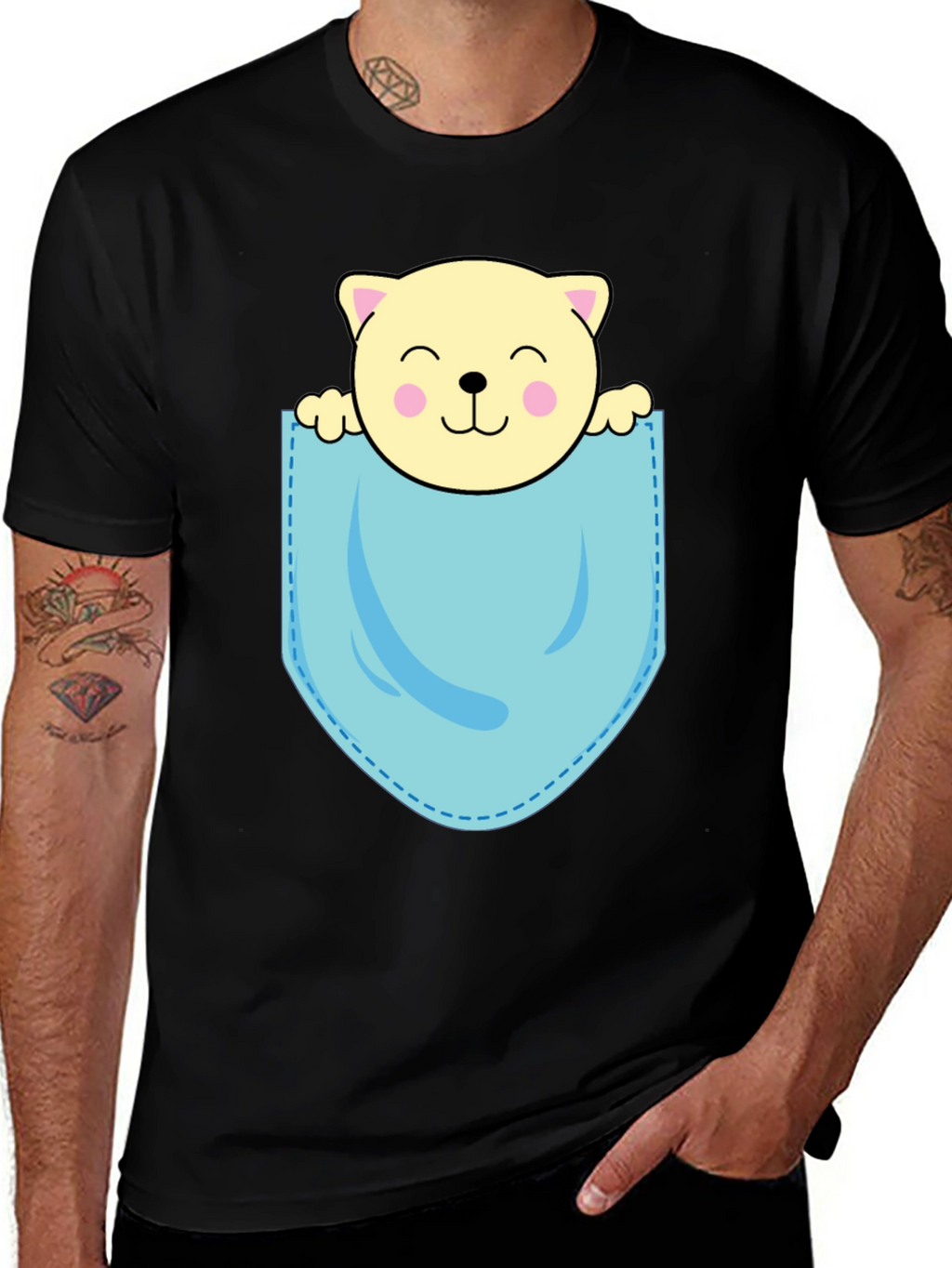 Cute Cat in Pocket Black T-Shirt