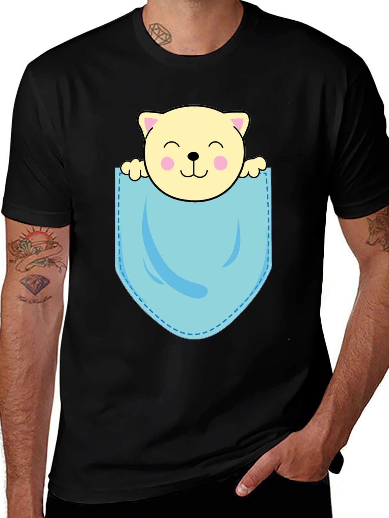 Cute Cat in Pocket Black T-Shirt