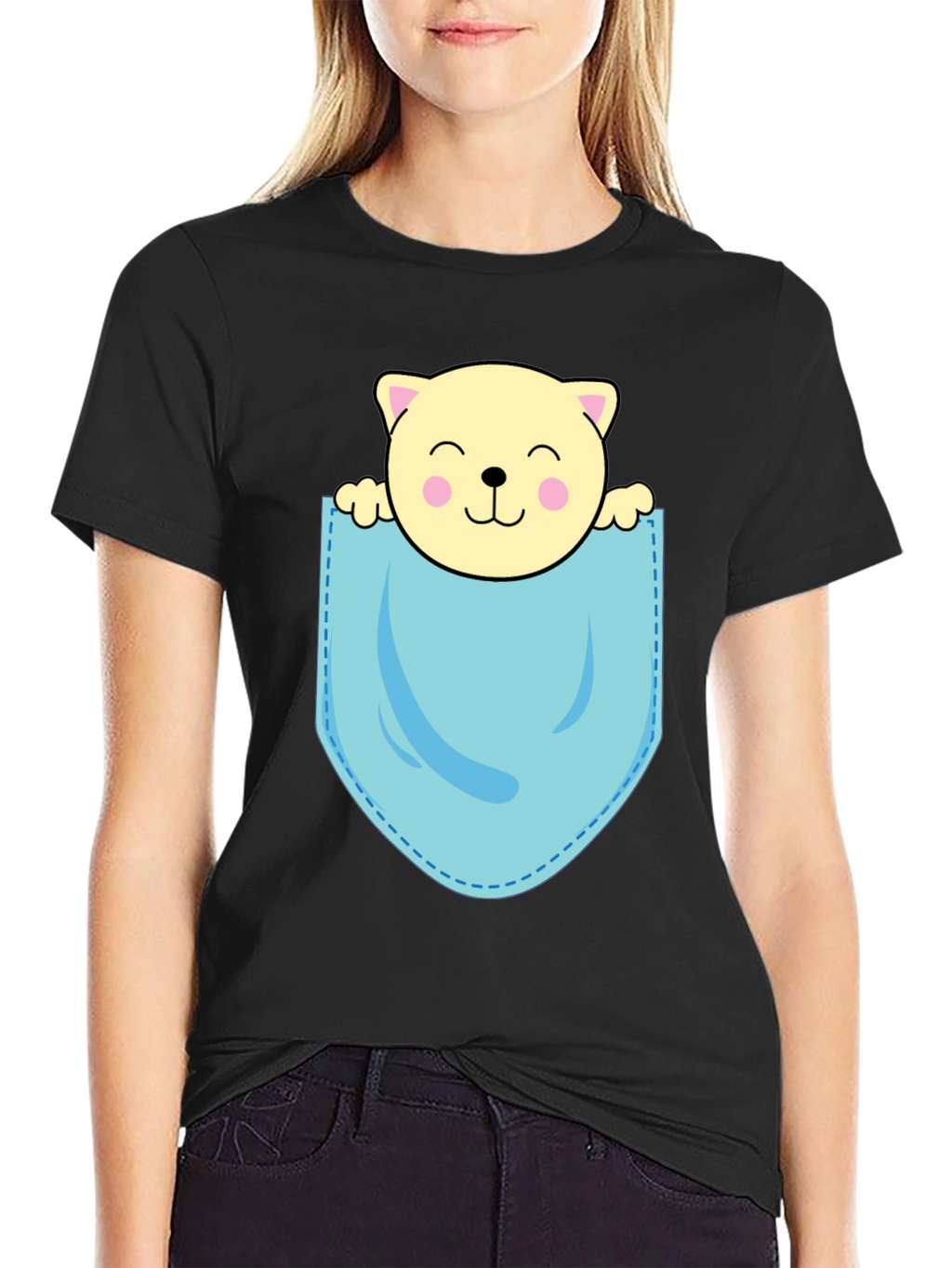 Cute Cat in Pocket Black T-Shirt