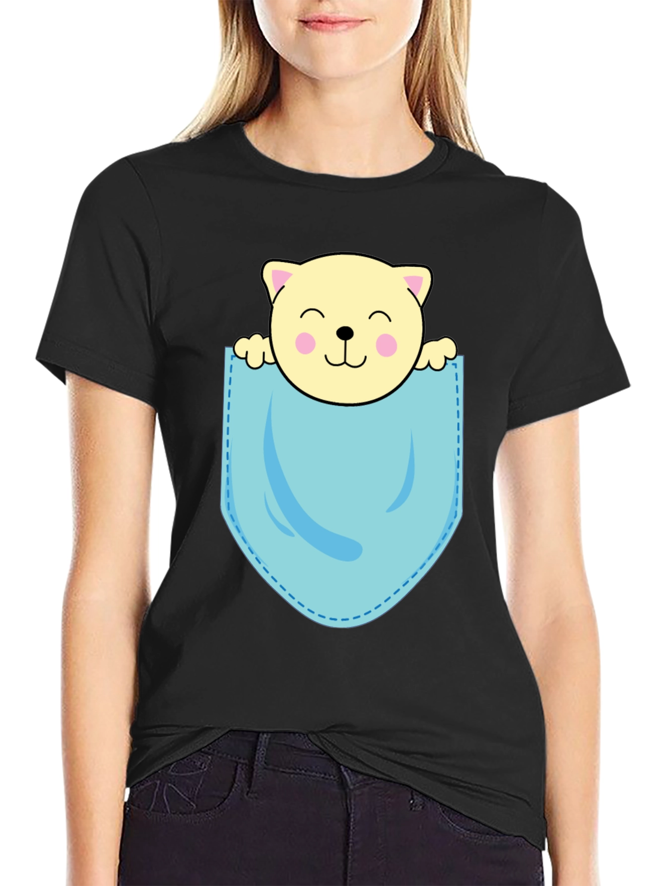 Cute Cat in Pocket Black T-Shirt