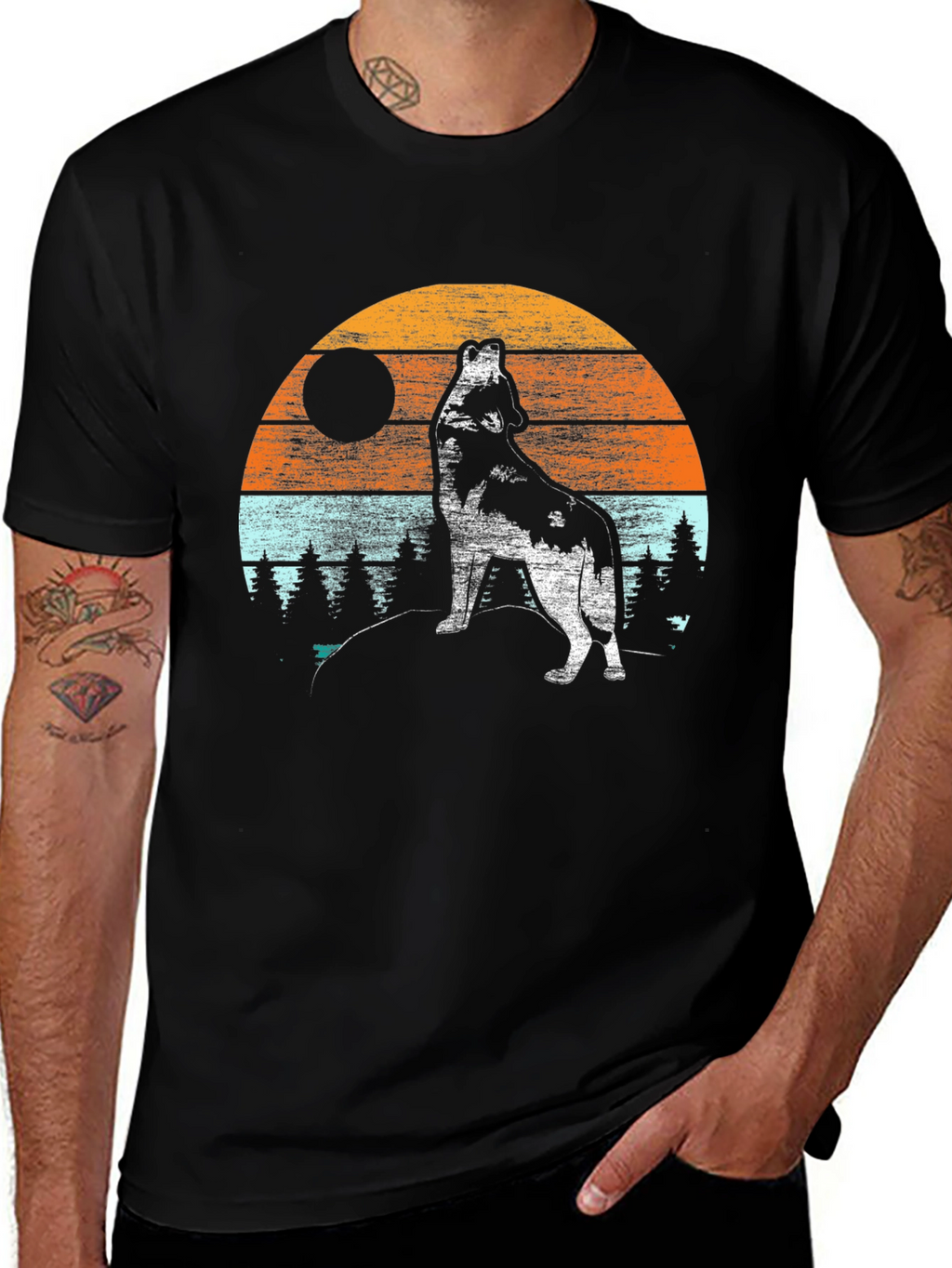 Wolf Howling at Moon T-Shirt - Retro Design