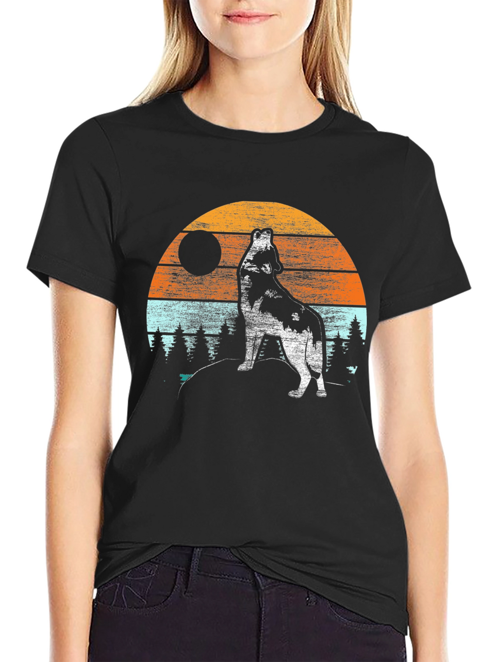Wolf Howling at Moon T-Shirt - Retro Design