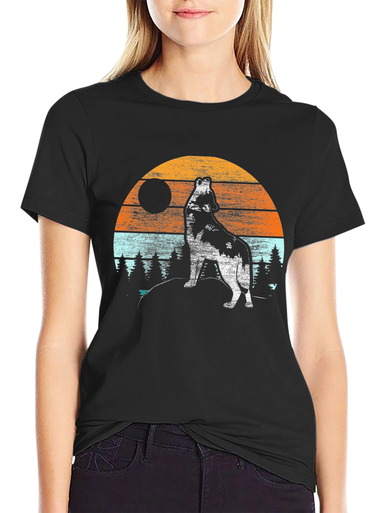 Wolf Howling at Moon T-Shirt - Retro Design