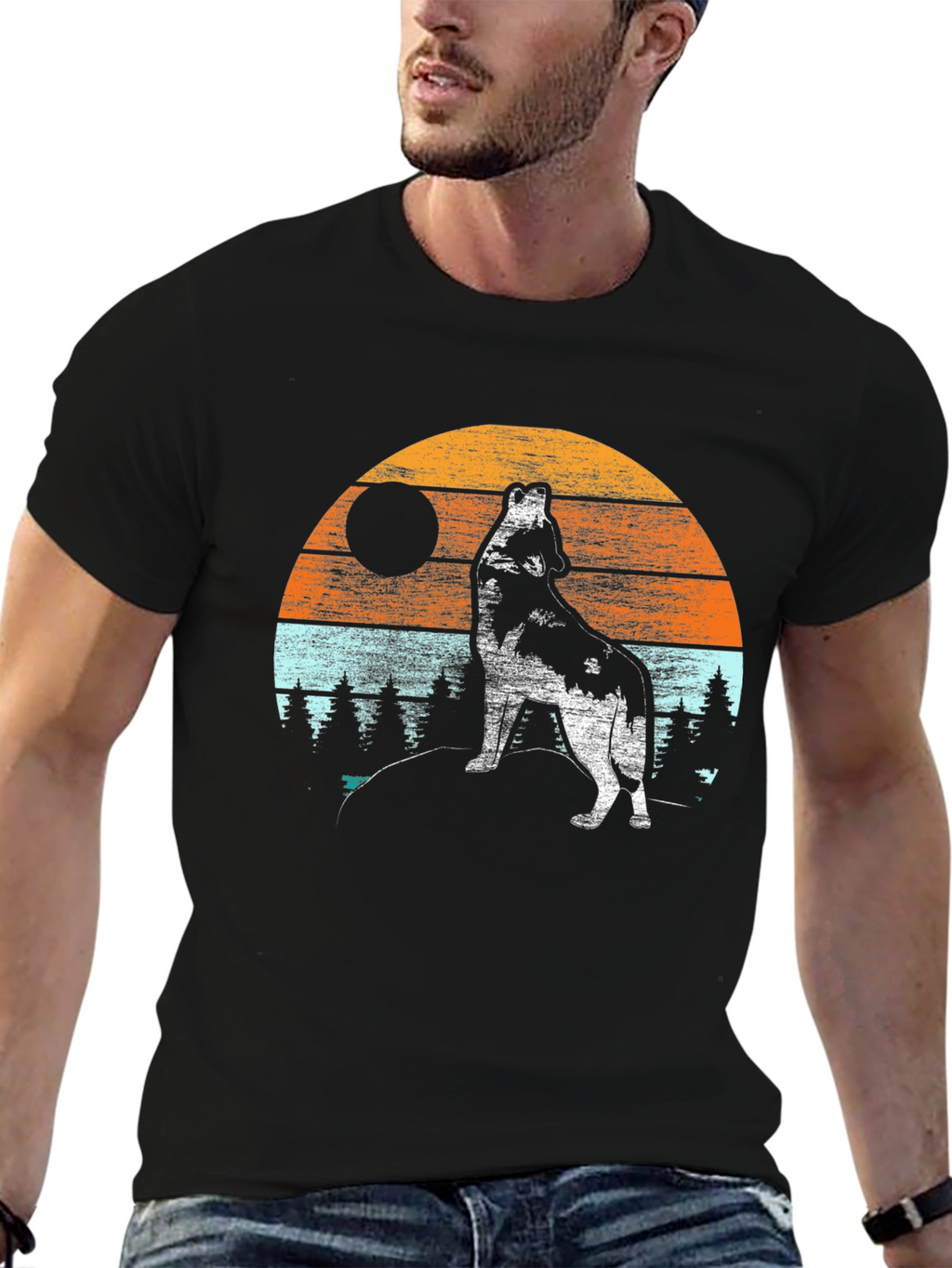 Wolf Howling at Moon T-Shirt - Retro Design