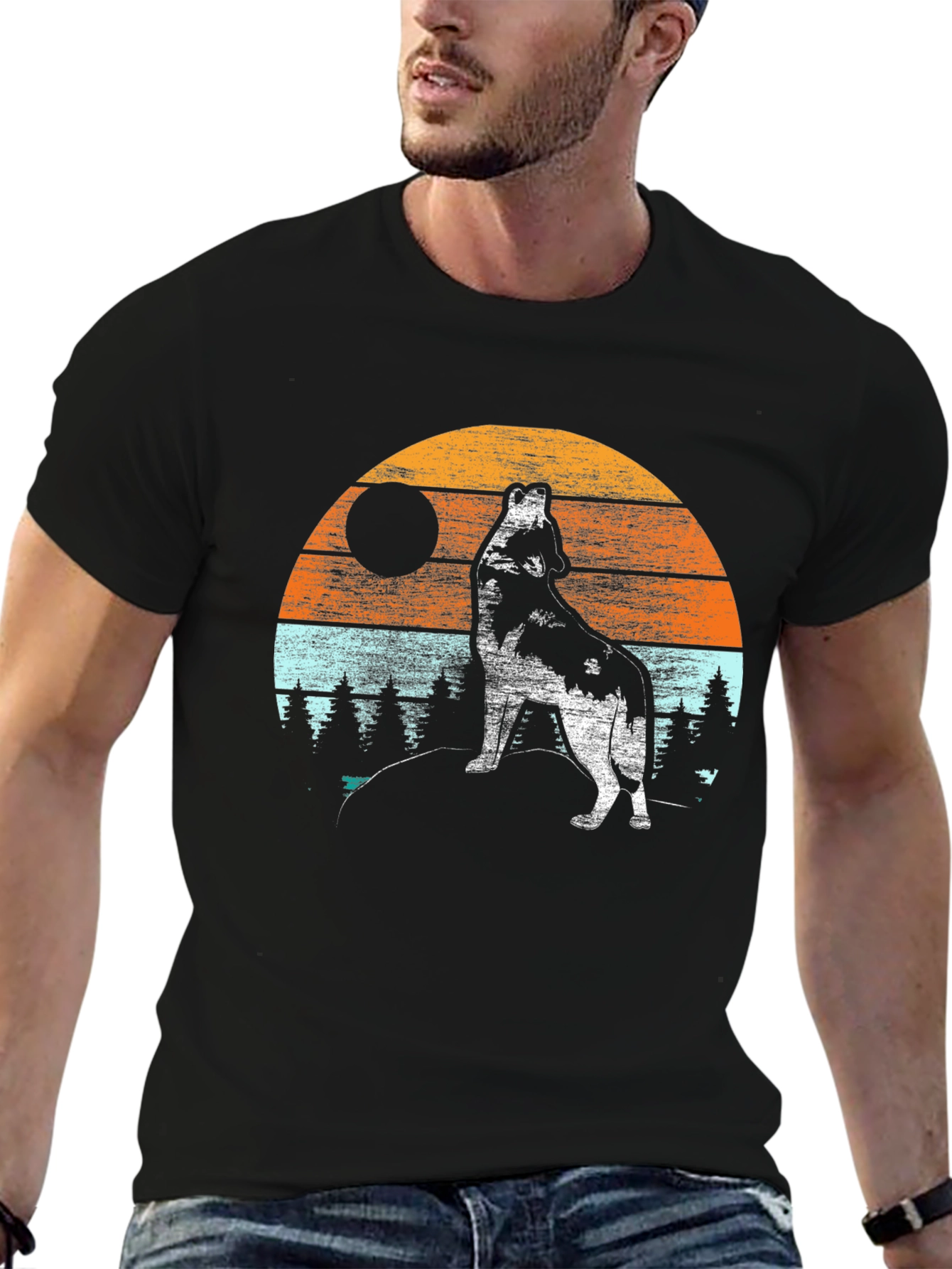 Wolf Howling at Moon T-Shirt - Retro Design