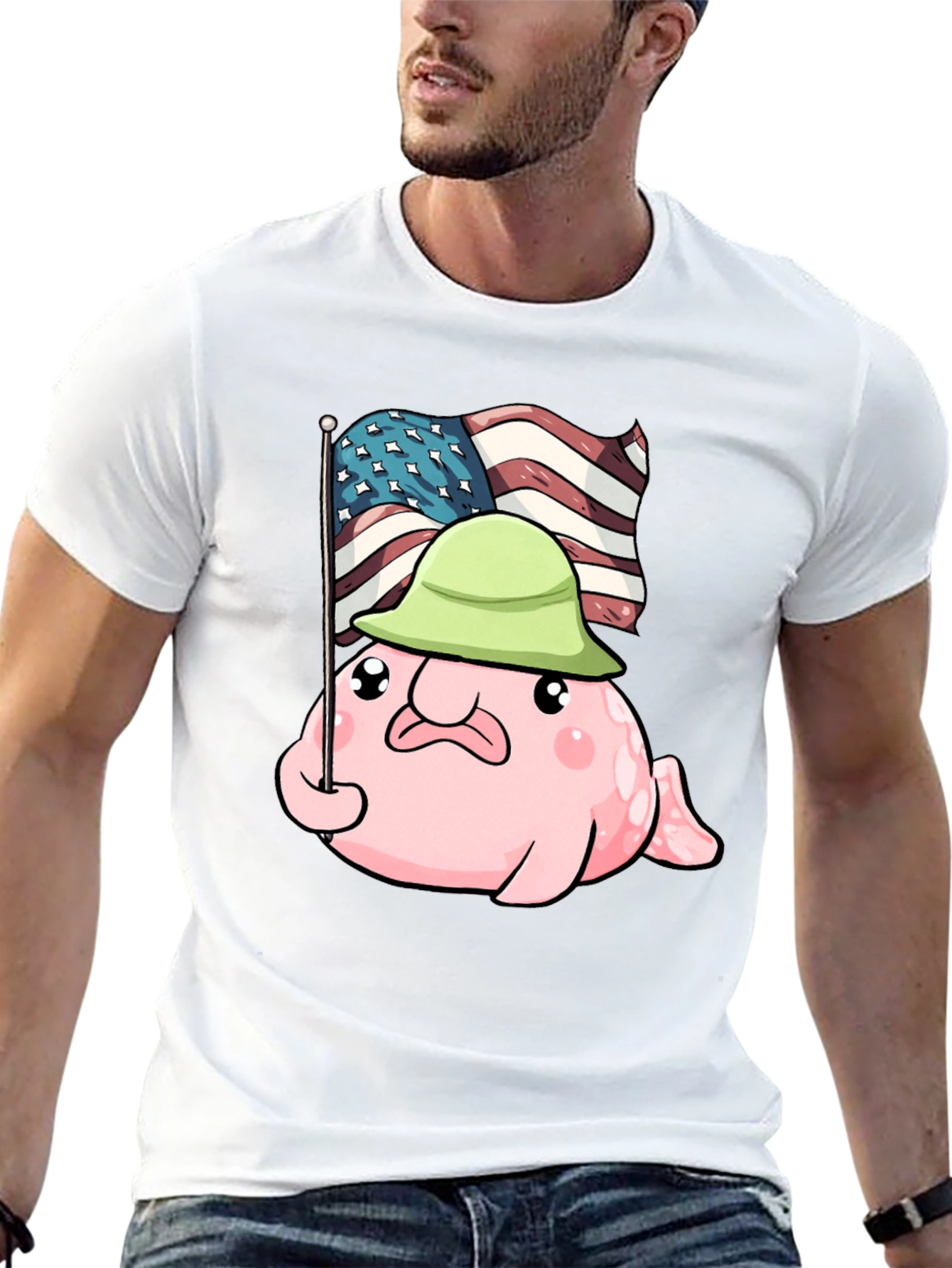 Funny Blobfish USA Flag Graphic T-Shirt