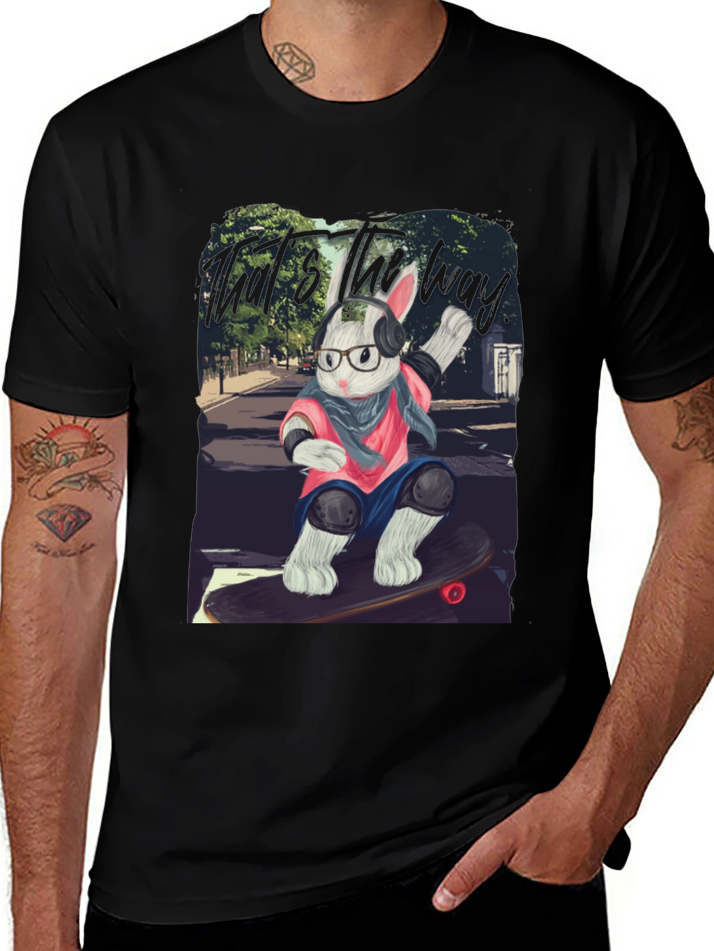 Skater Rabbit Graphic Tee - Black Cotton T-Shirt