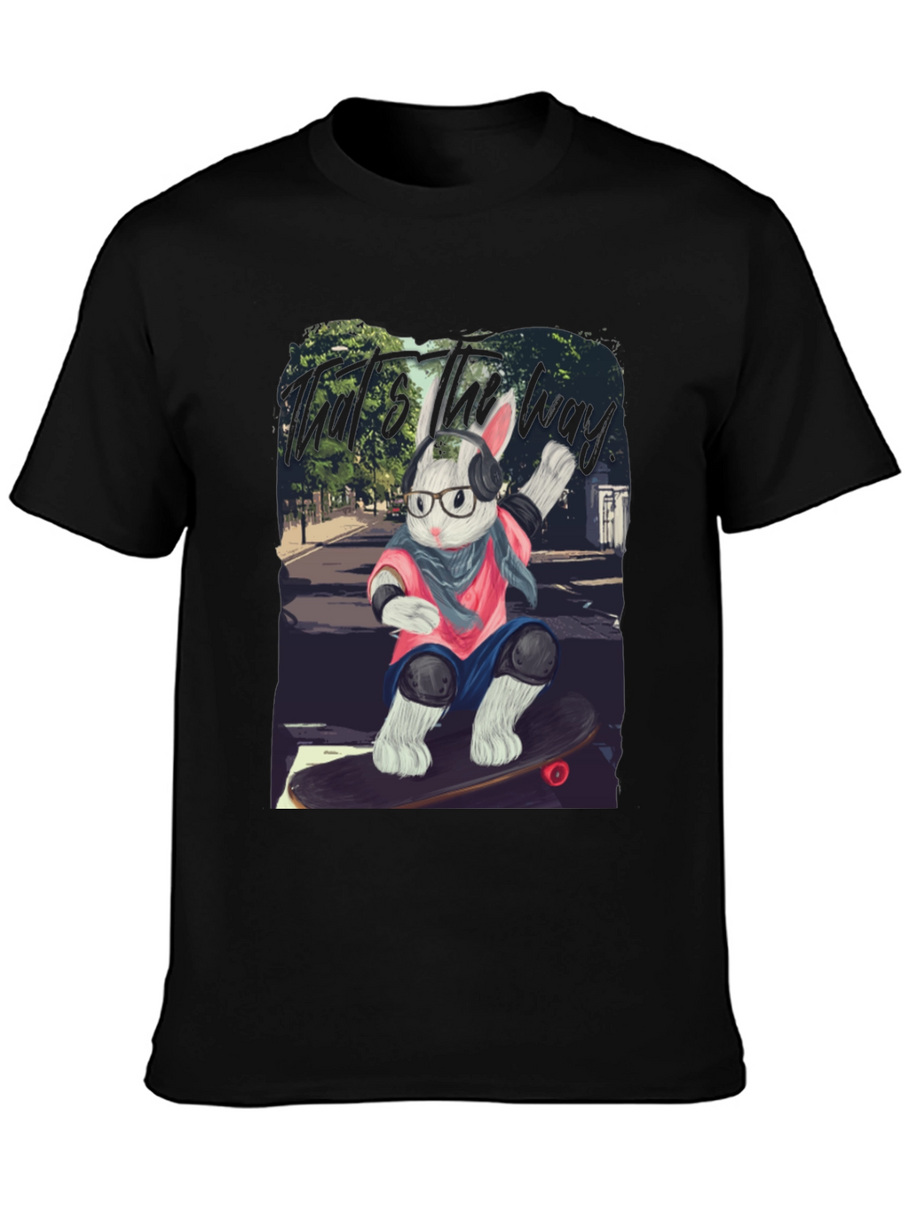 Skater Rabbit Graphic Tee - Black Cotton T-Shirt