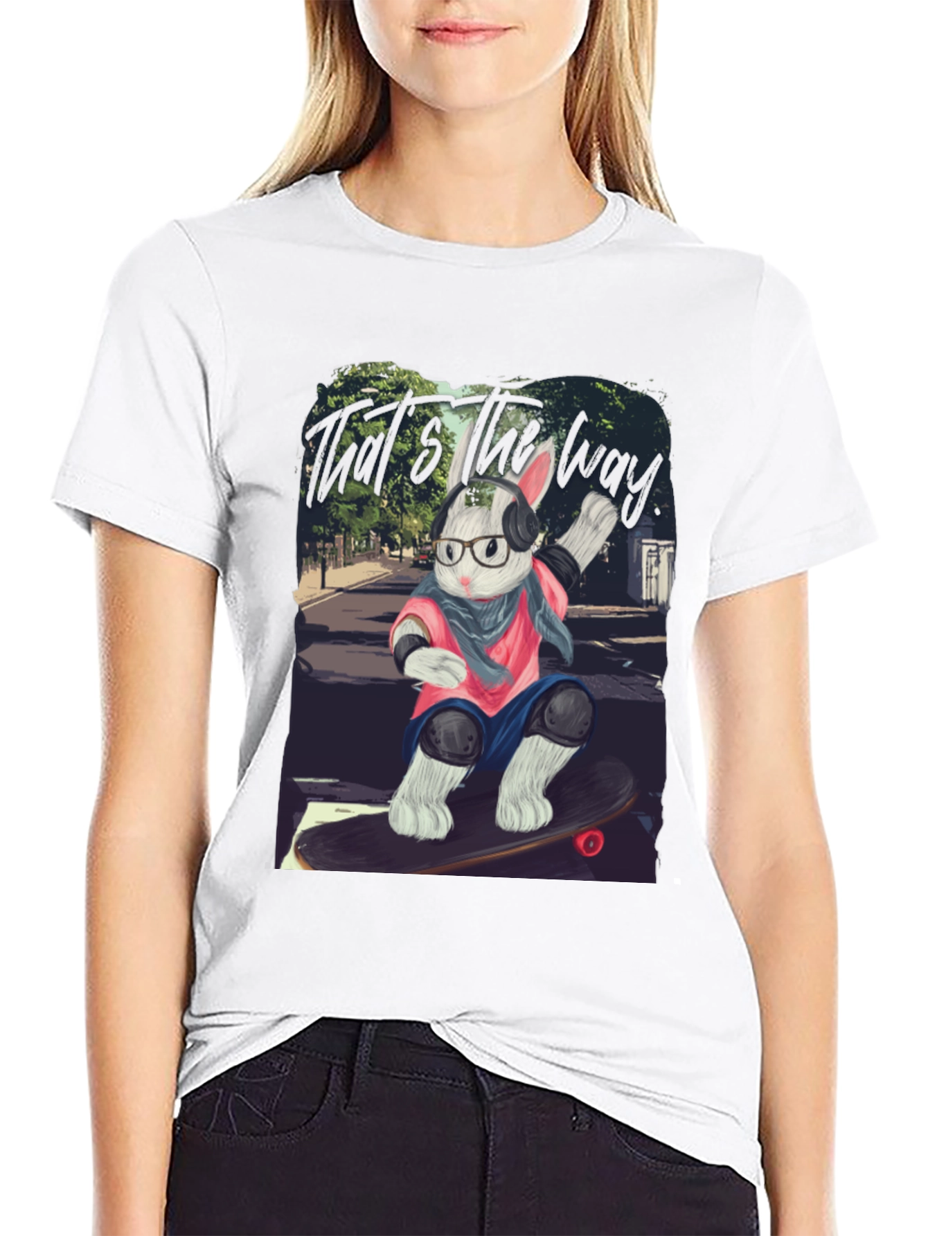 Skater Rabbit Graphic Tee - Black Cotton T-Shirt