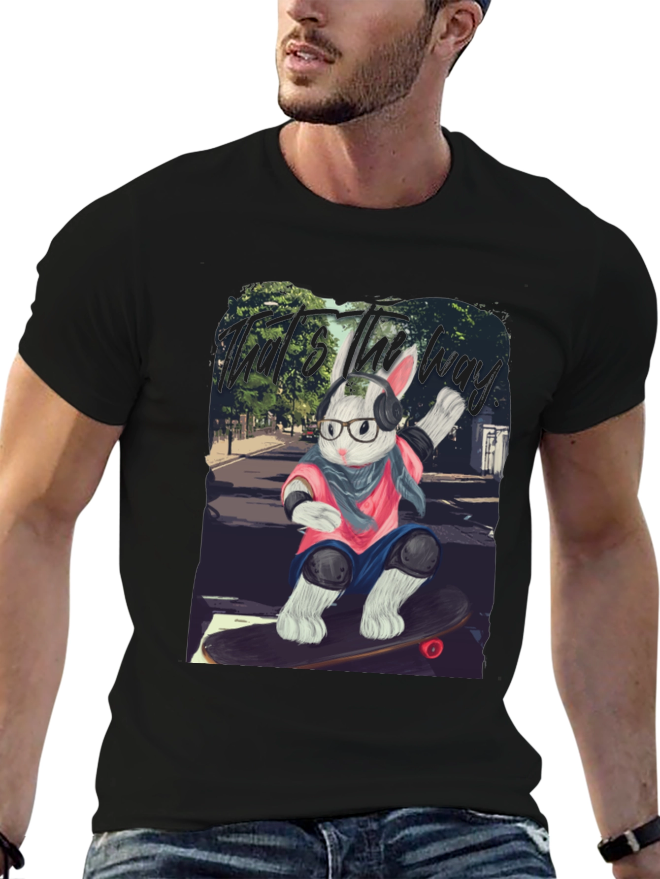 Skater Rabbit Graphic Tee - Black Cotton T-Shirt