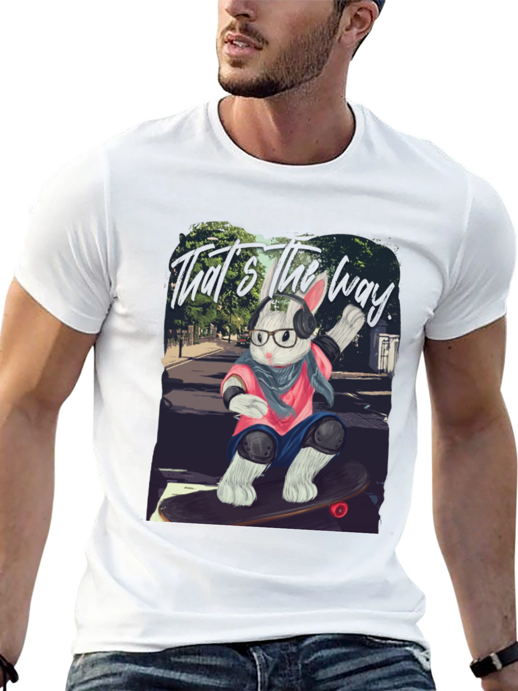 Skater Rabbit Graphic Tee - Black Cotton T-Shirt