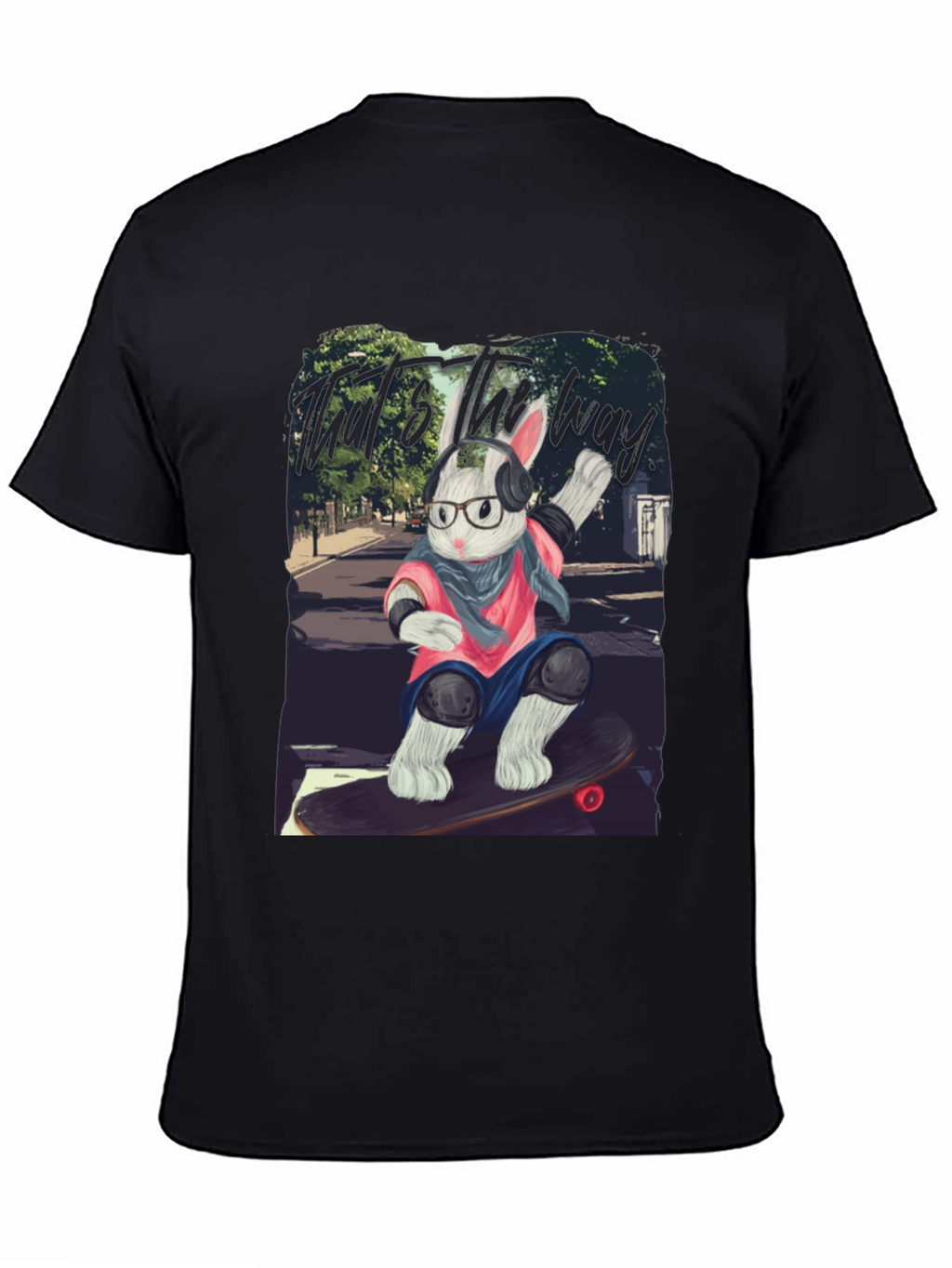 Skater Rabbit Graphic Tee - Black Cotton T-Shirt