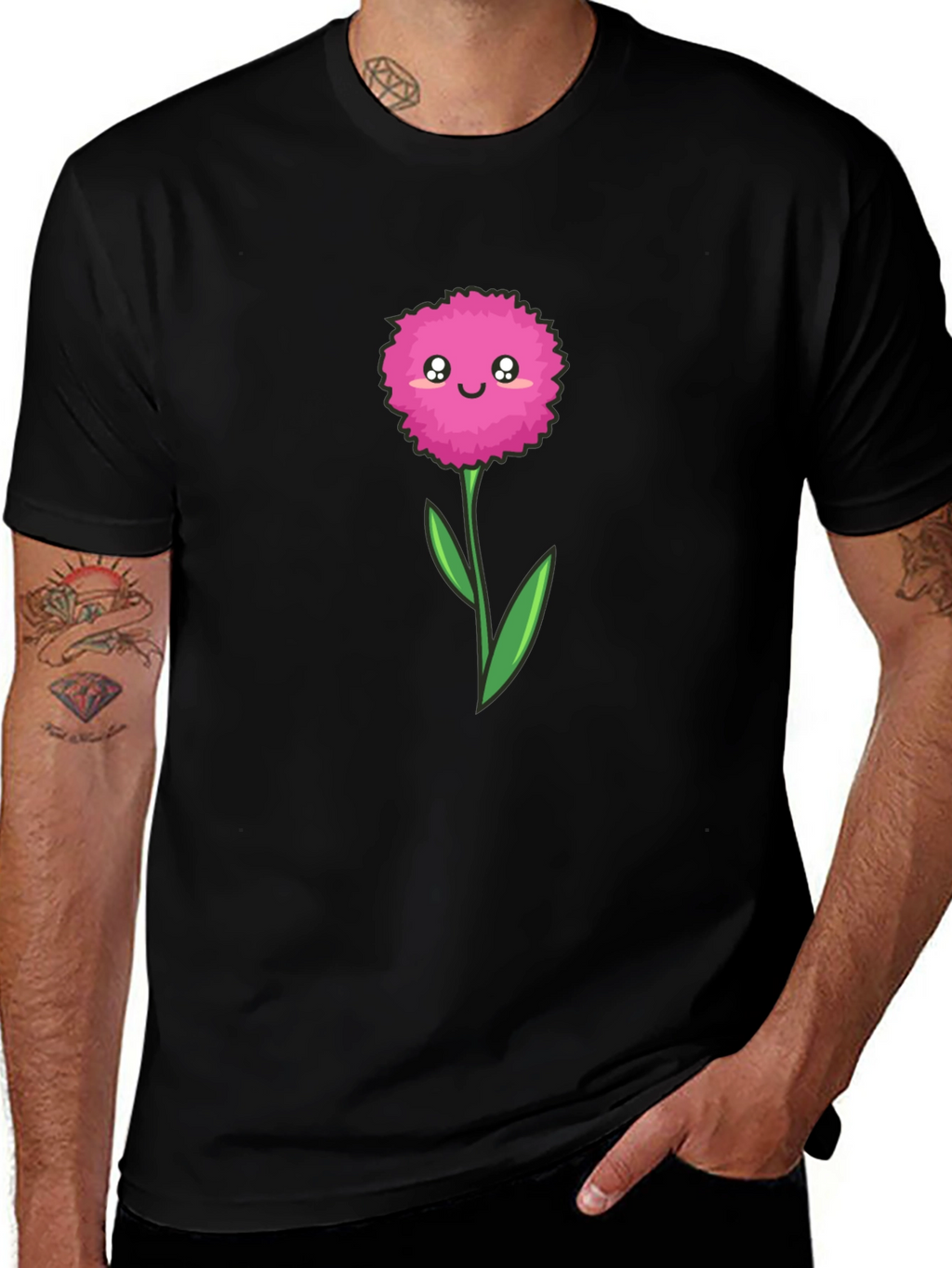 Cute Cartoon Flower Graphic Tee - Black T-Shirt