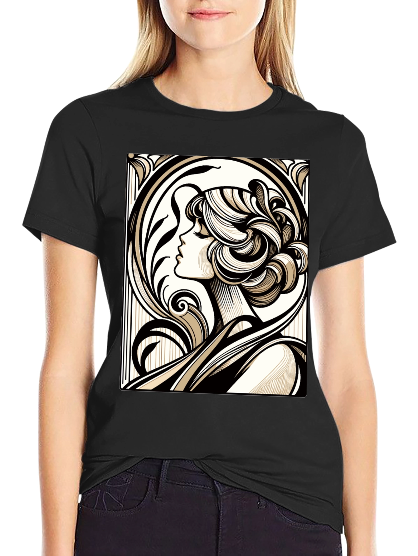 Art Nouveau Woman Graphic Black T-Shirt