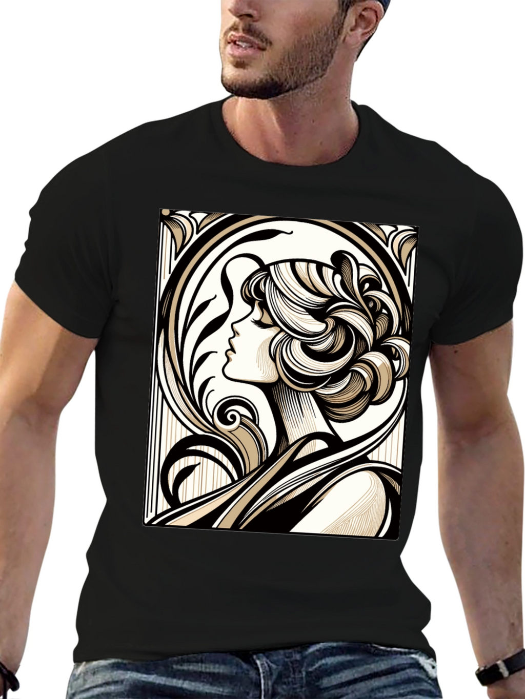 Art Nouveau Woman Graphic Black T-Shirt