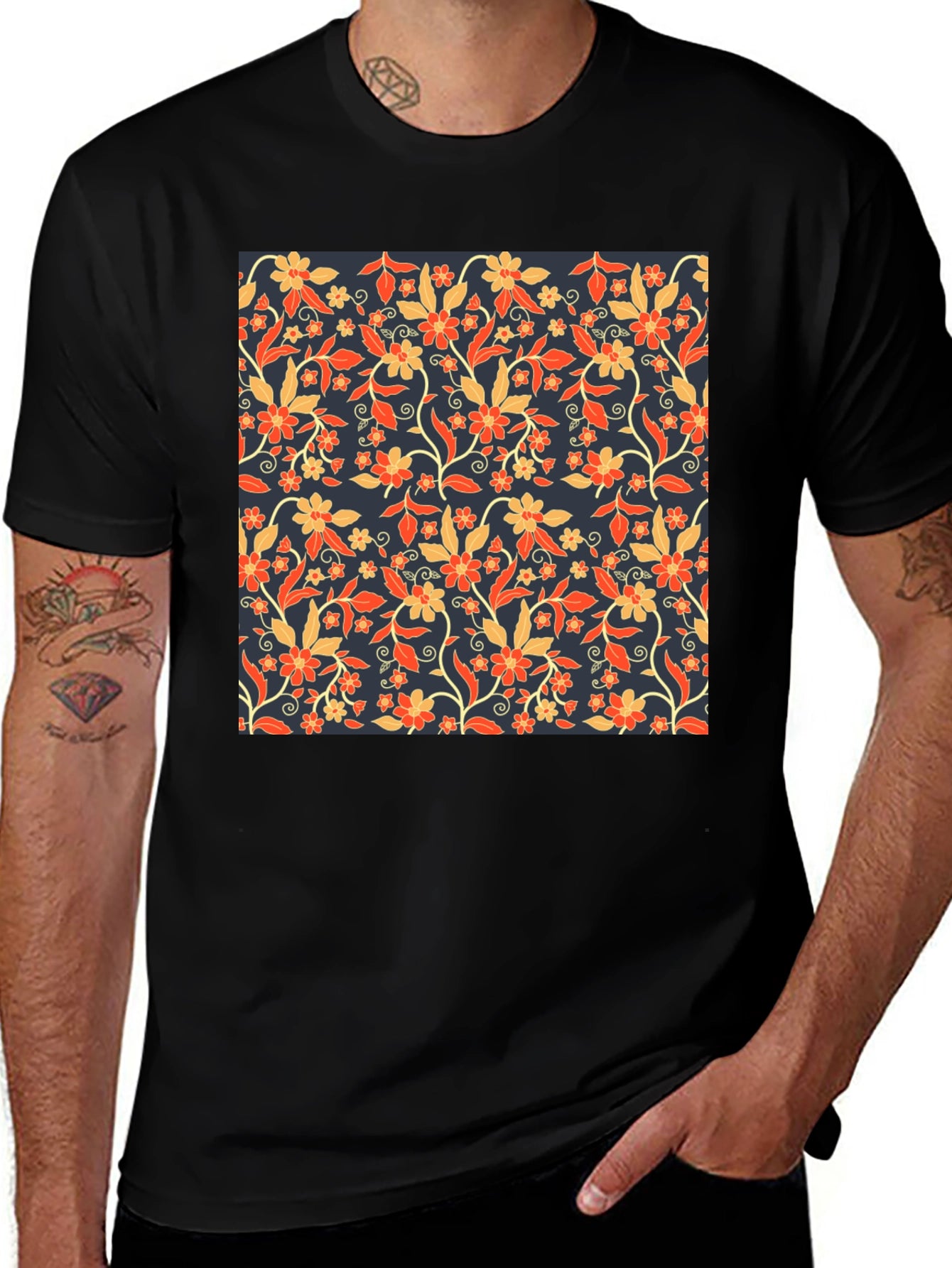 Floral Print Tee - Stylish Mens Black T-Shirt