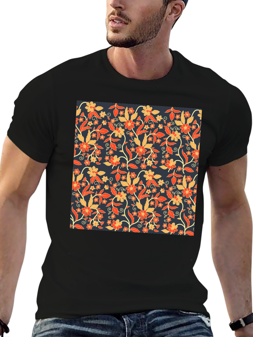 Floral Print Tee - Stylish Mens Black T-Shirt