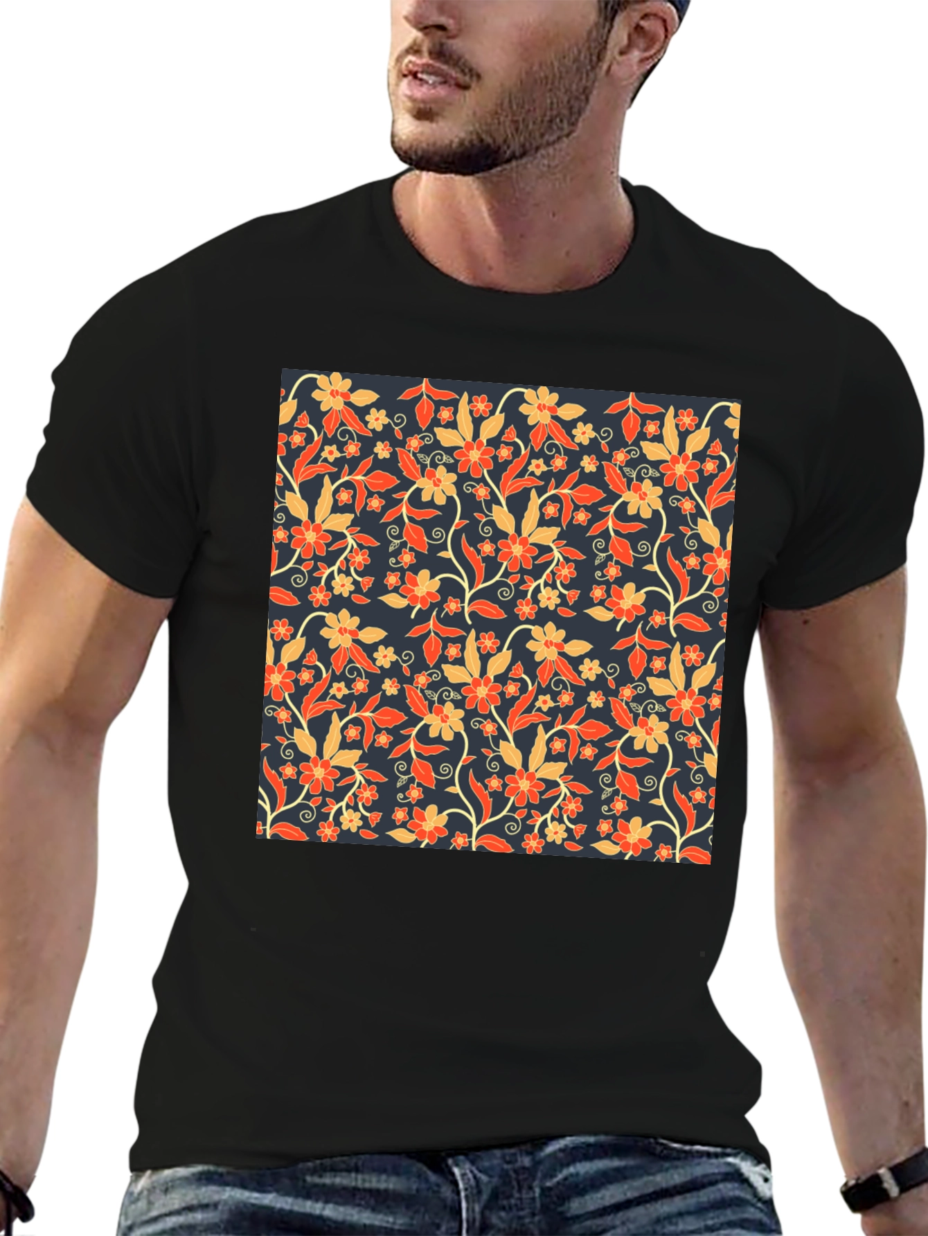 Floral Print Tee - Stylish Mens Black T-Shirt