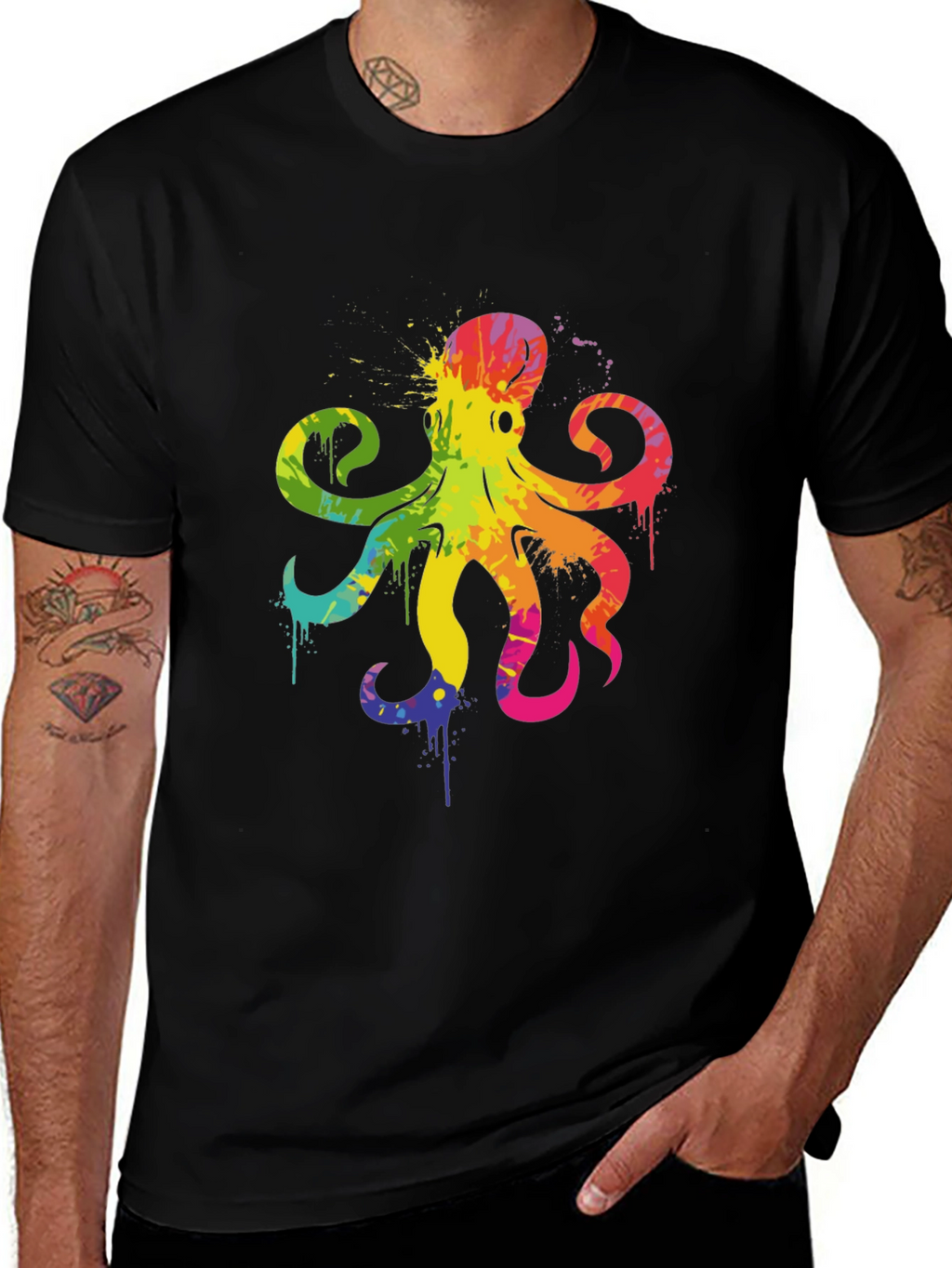 Rainbow Octopus Graphic T-Shirt - Mens Black Tee