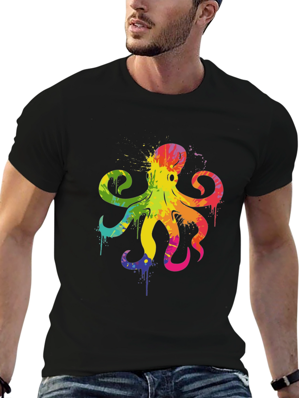 Rainbow Octopus Graphic T-Shirt - Mens Black Tee