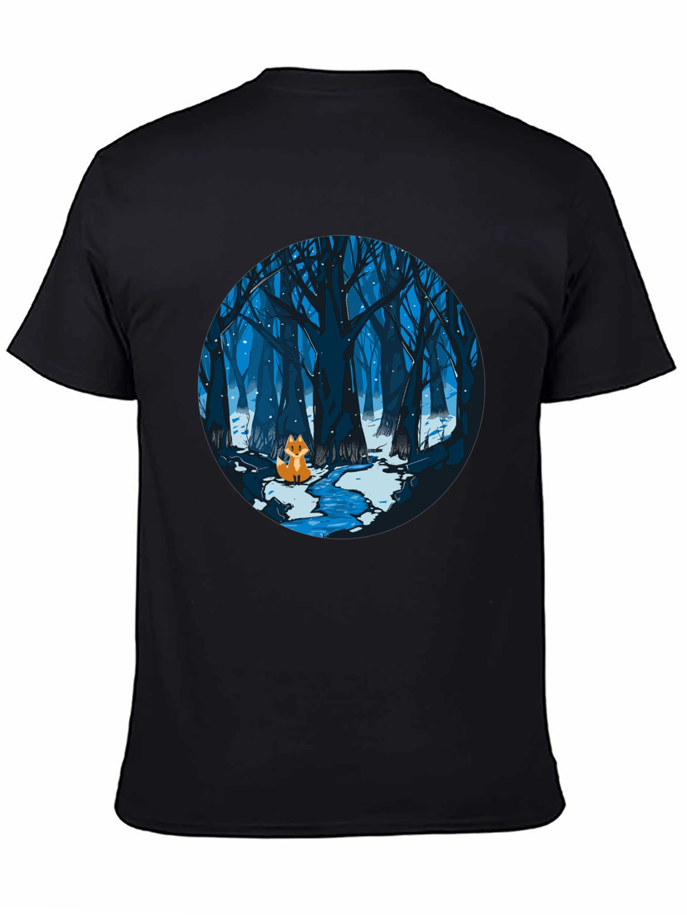 Fox in Winter Forest Graphic Black T-Shirt