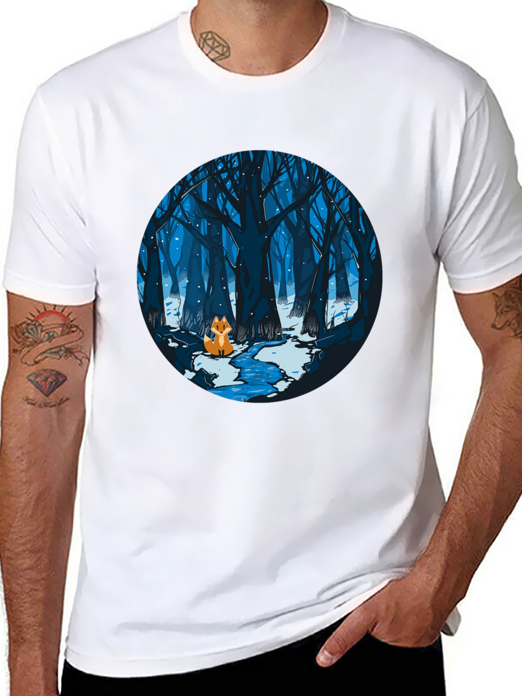 Fox in Winter Forest Graphic Black T-Shirt