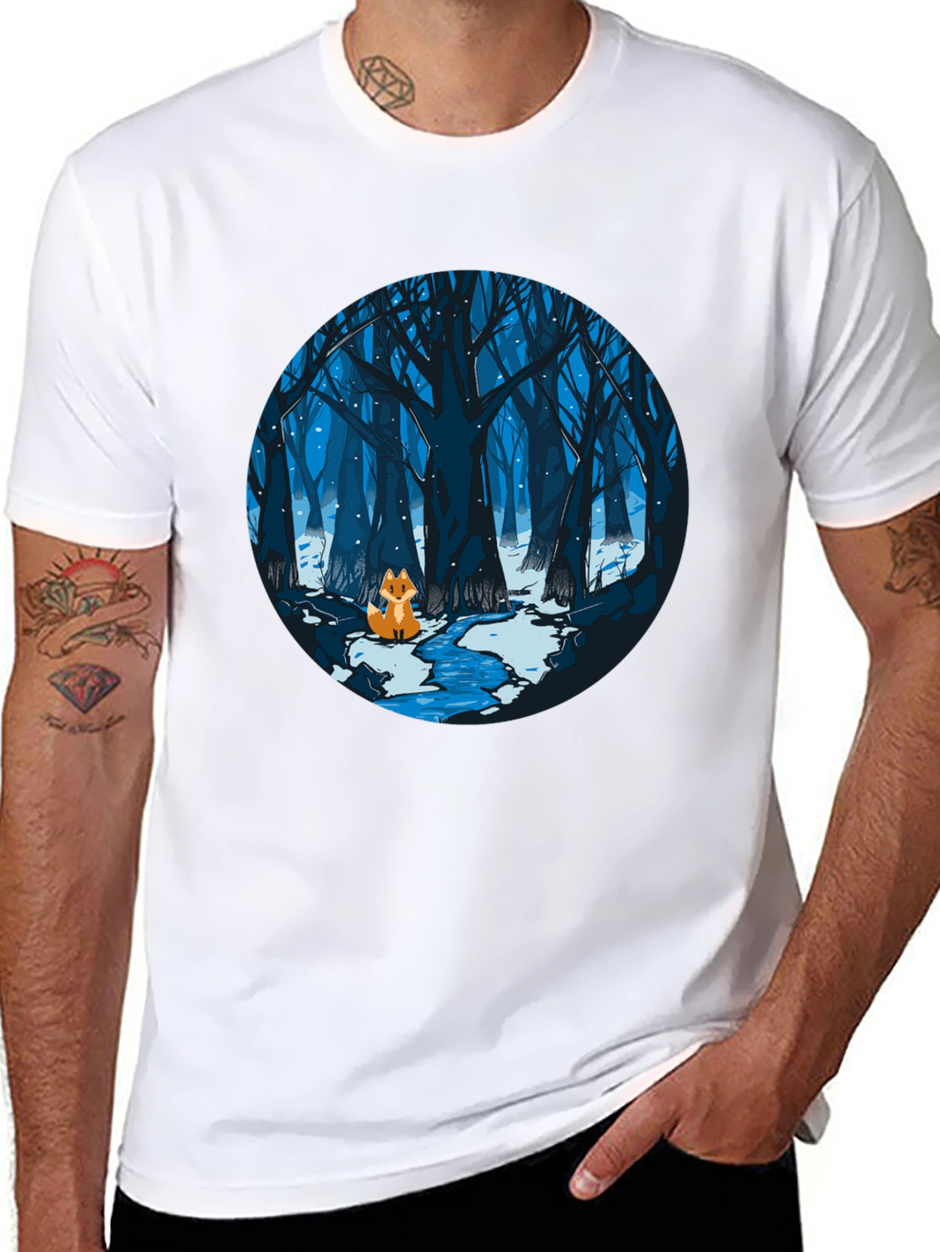 Fox in Winter Forest Graphic Black T-Shirt