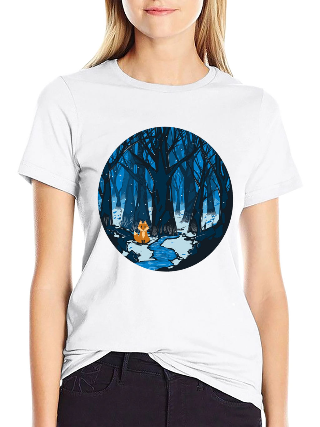 Fox in Winter Forest Graphic Black T-Shirt
