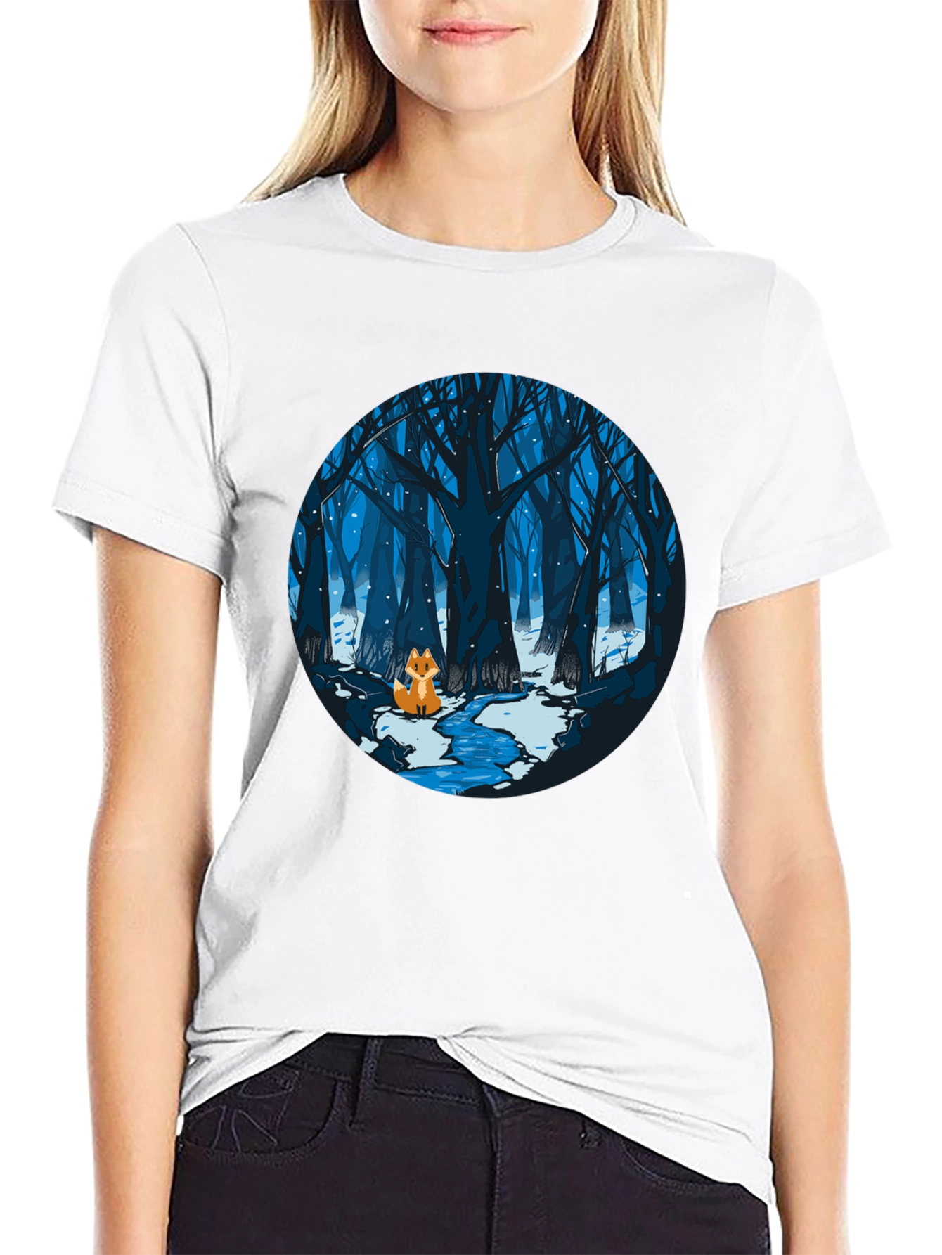 Fox in Winter Forest Graphic Black T-Shirt