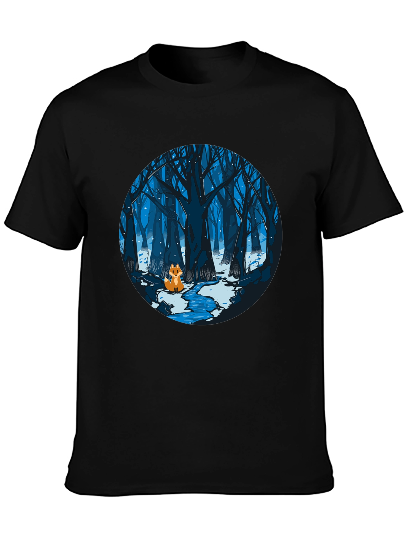 Fox in Winter Forest Graphic Black T-Shirt