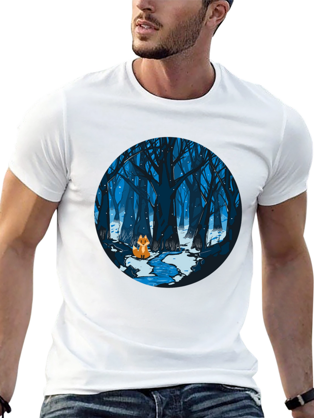 Fox in Winter Forest Graphic Black T-Shirt