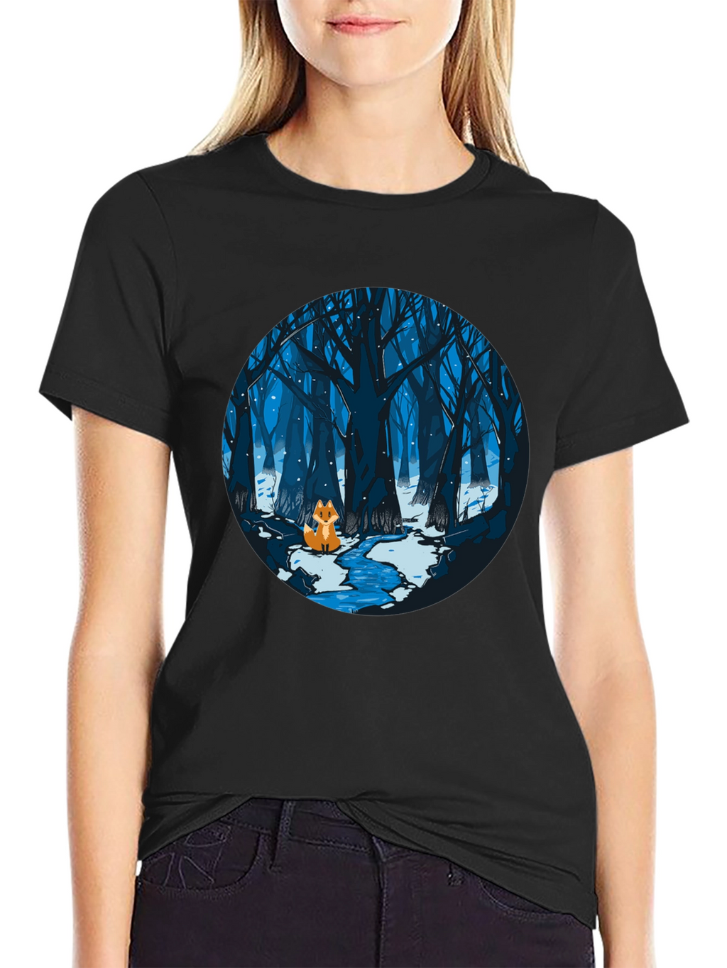 Fox in Winter Forest Graphic Black T-Shirt