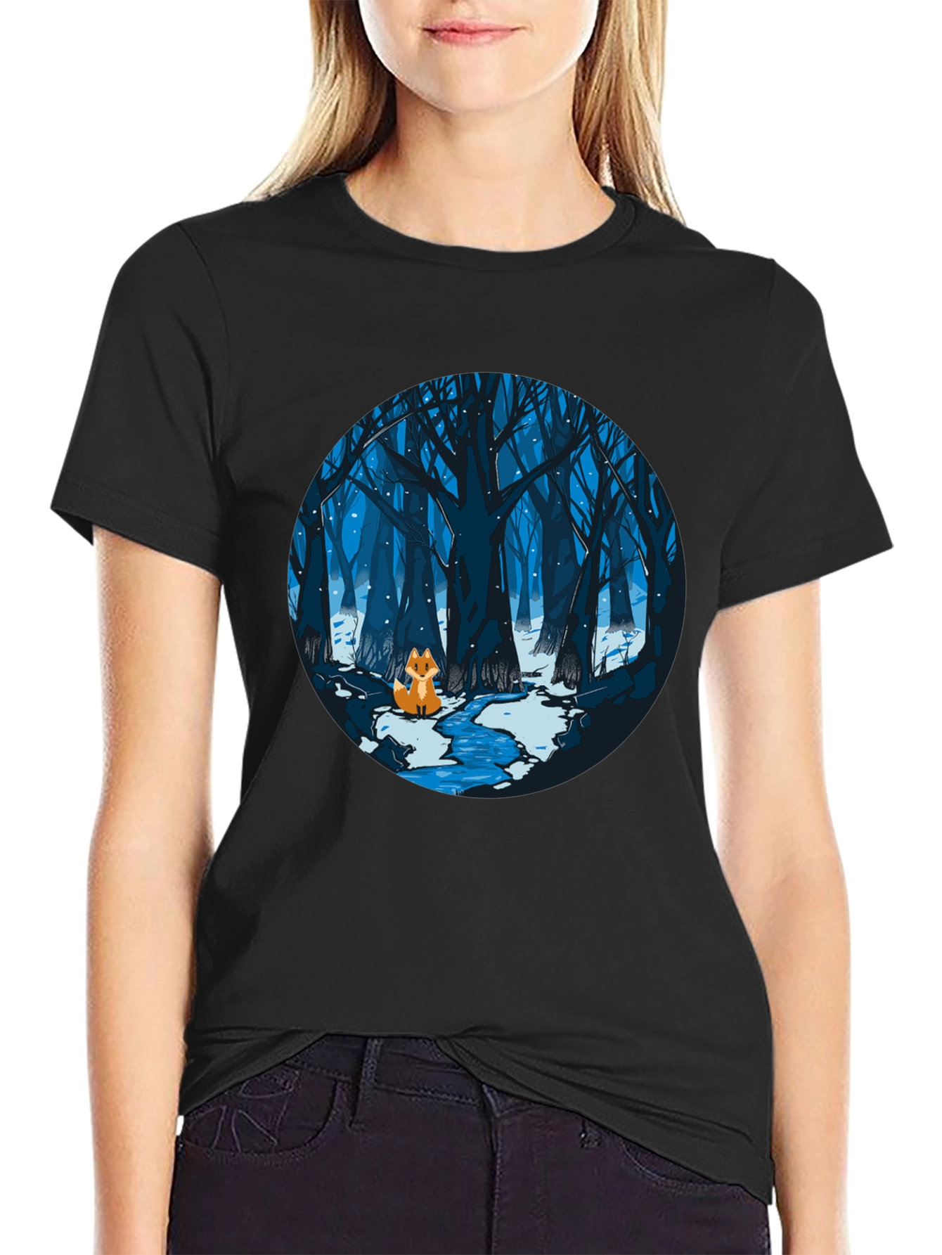 Fox in Winter Forest Graphic Black T-Shirt