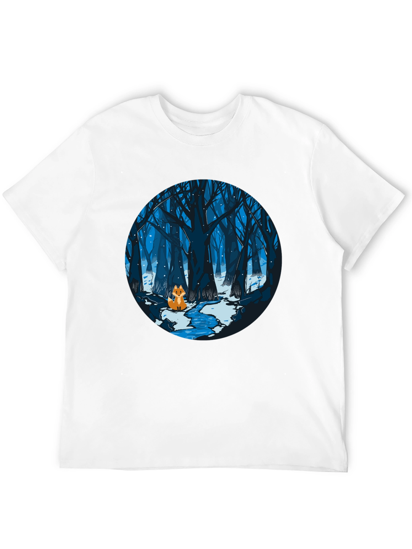 Fox in Winter Forest Graphic Black T-Shirt