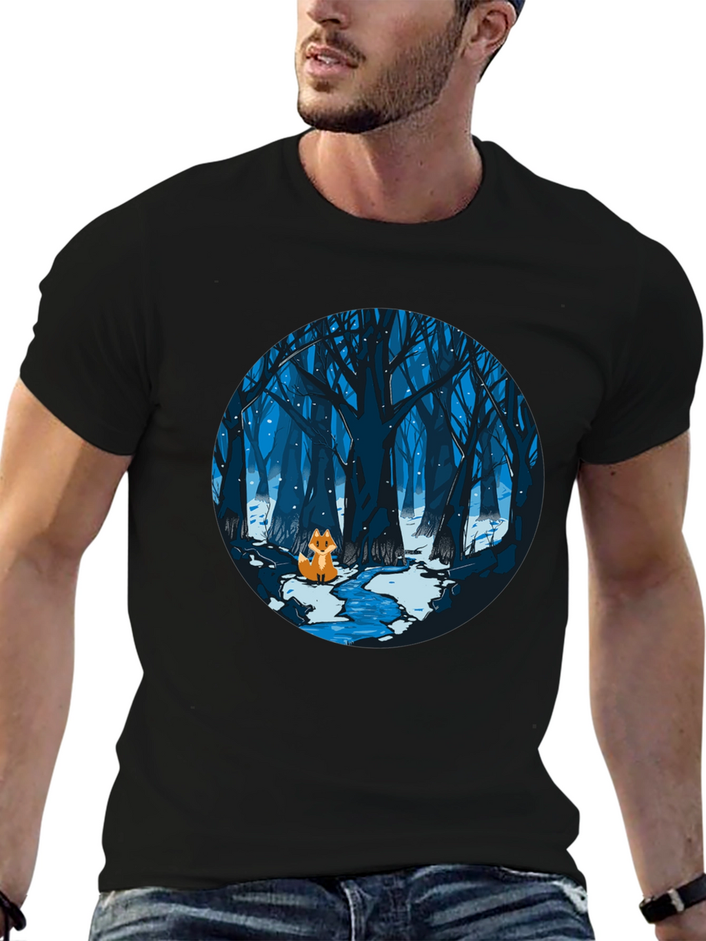 Fox in Winter Forest Graphic Black T-Shirt