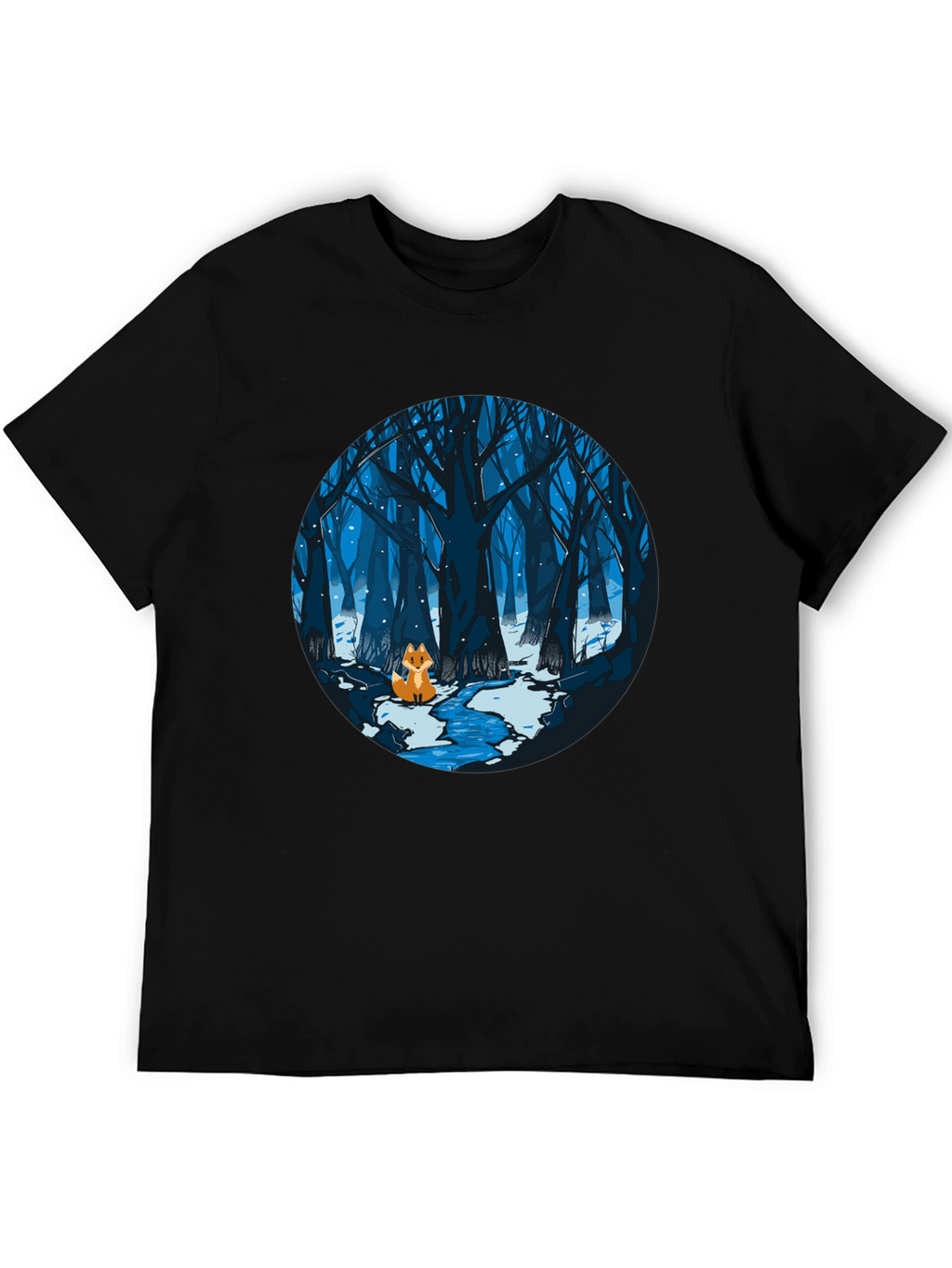Fox in Winter Forest Graphic Black T-Shirt