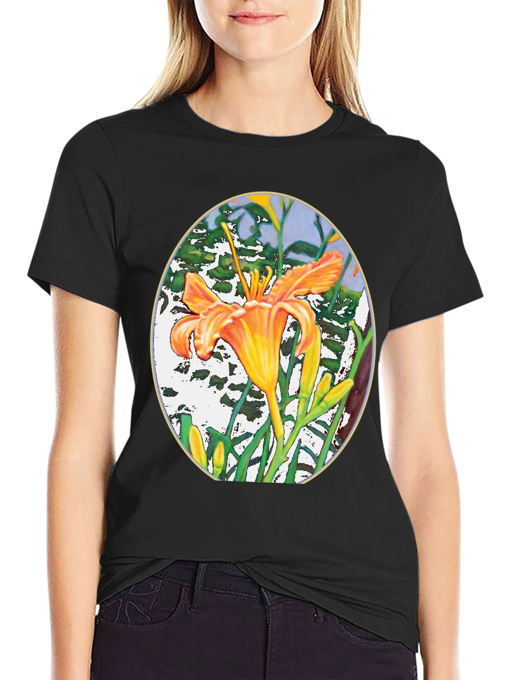 Floral Lily Graphic Print Black T-Shirt