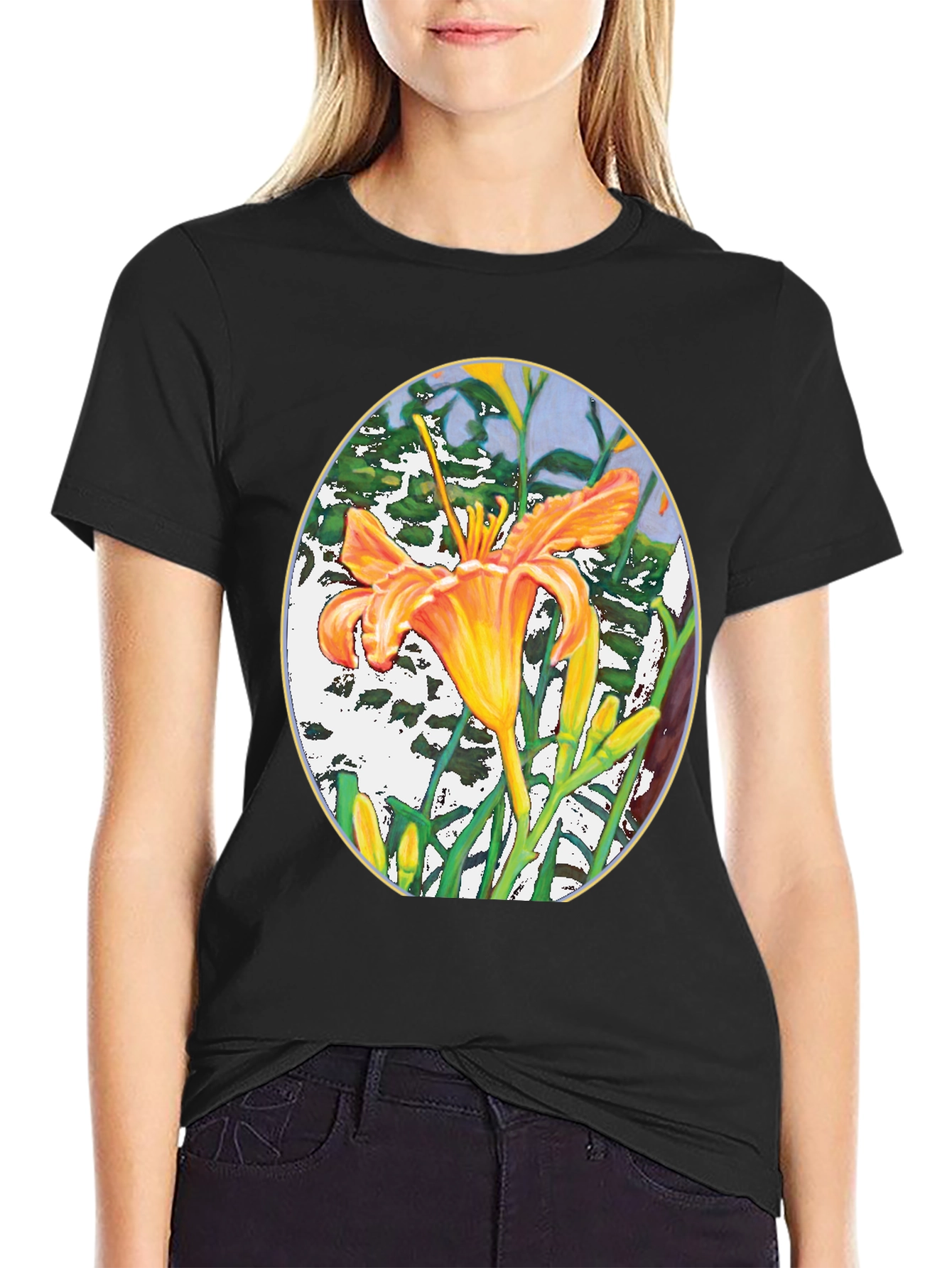 Floral Lily Graphic Print Black T-Shirt