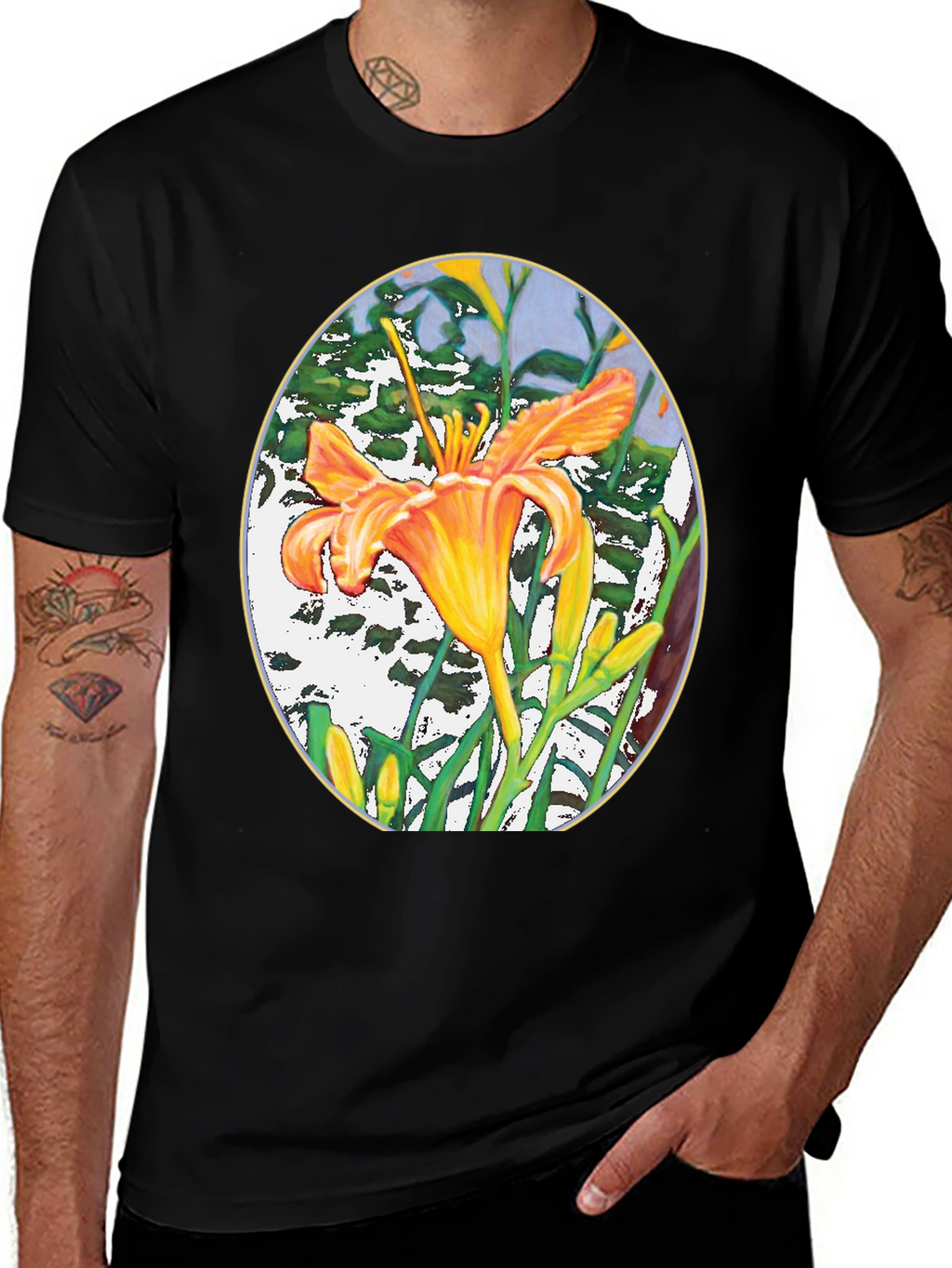 Floral Lily Graphic Print Black T-Shirt