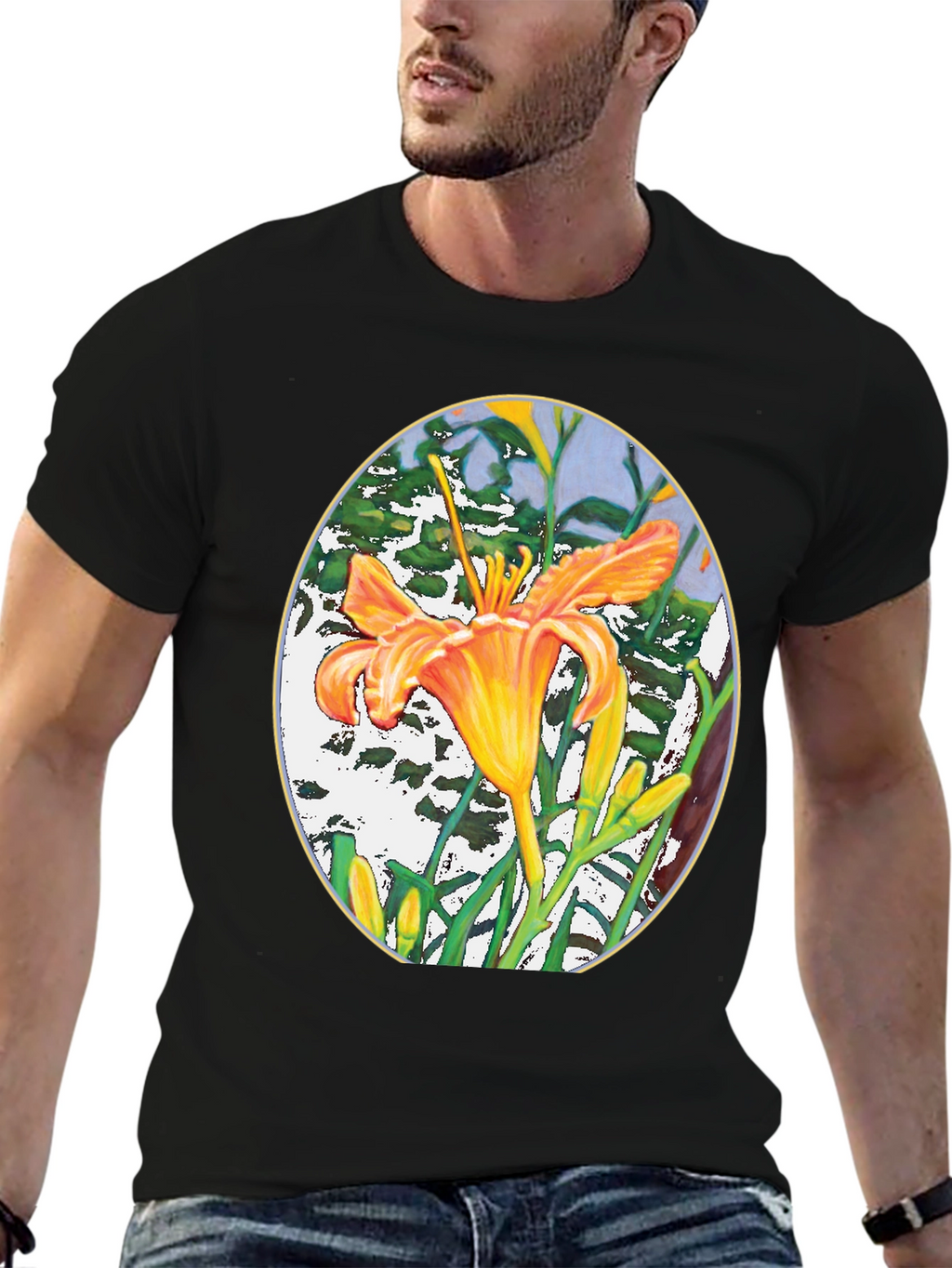 Floral Lily Graphic Print Black T-Shirt