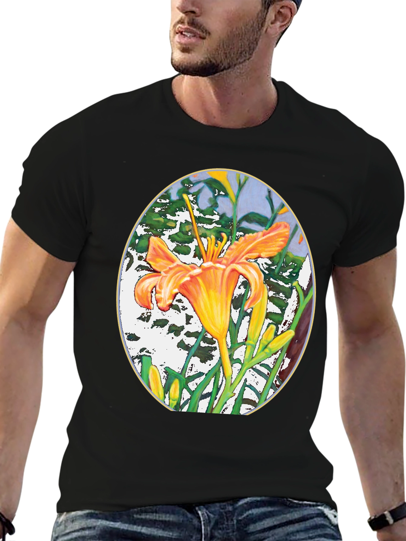 Floral Lily Graphic Print Black T-Shirt