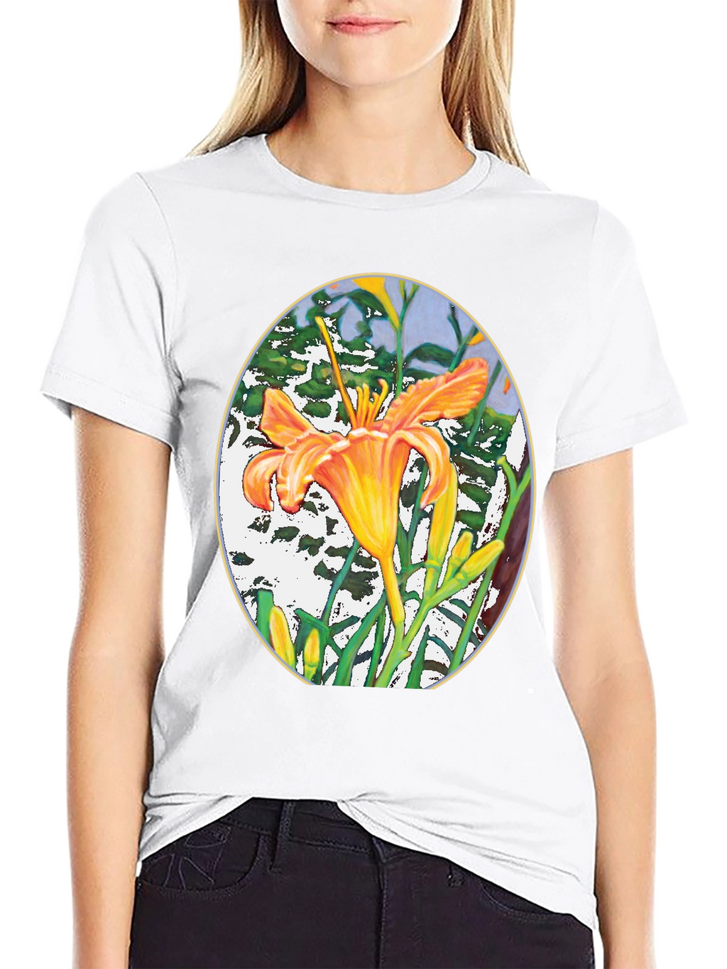 Floral Lily Graphic Print Black T-Shirt