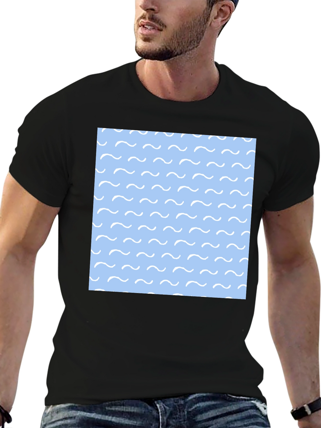 Ocean Wave Pattern Black T-Shirt for Men