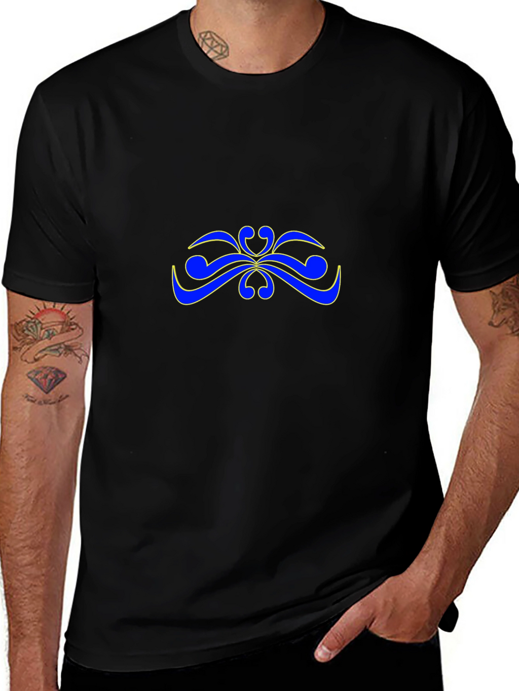 Stylish Black T-Shirt with Blue & Yellow Abstract Design
