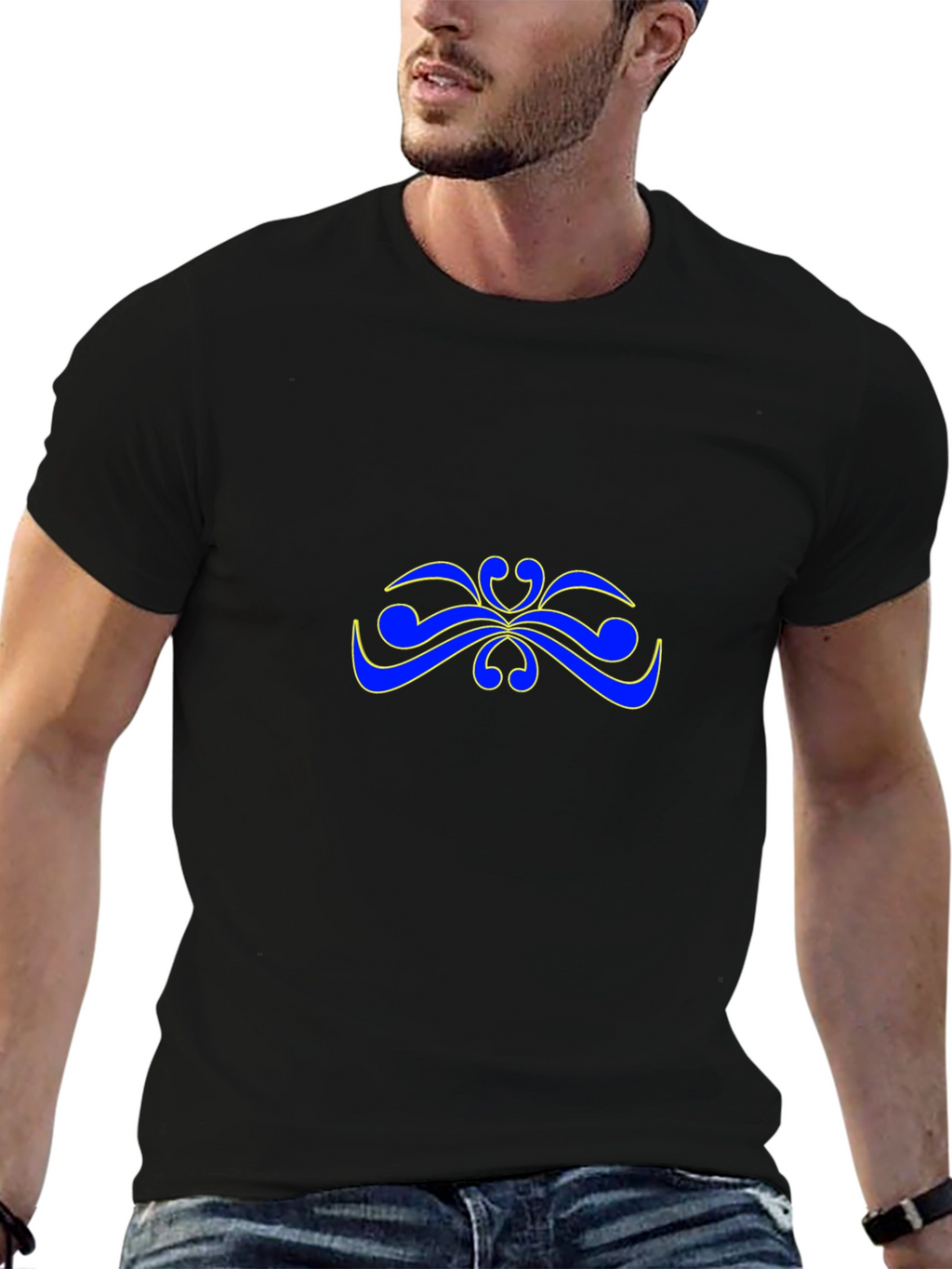 Stylish Black T-Shirt with Blue & Yellow Abstract Design